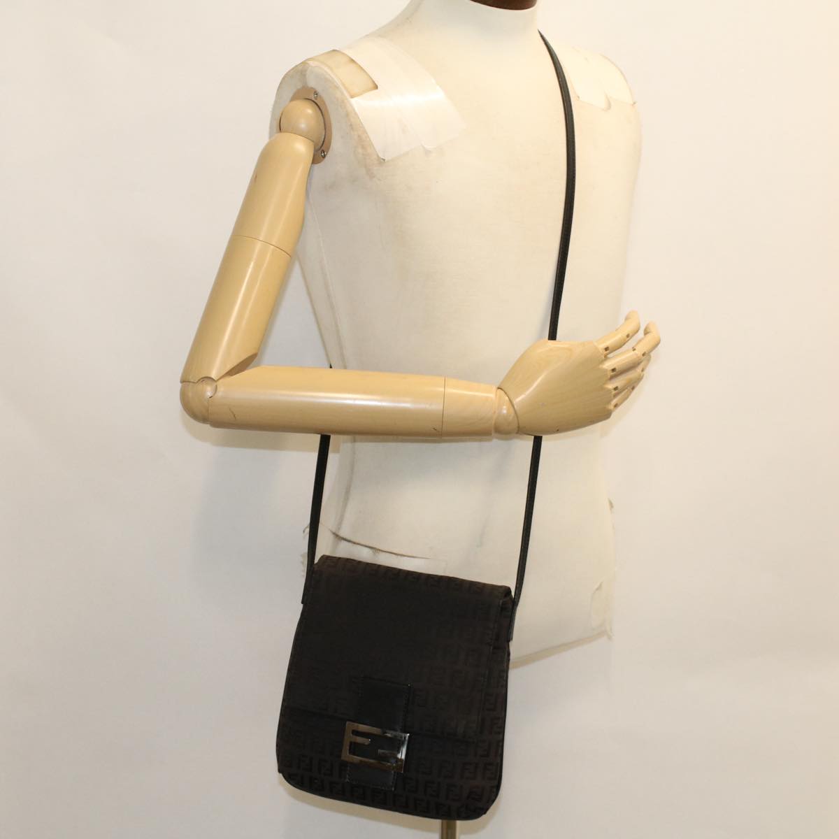 FENDI Zucchino Canvas Shoulder Bag Dark Brown fm2601