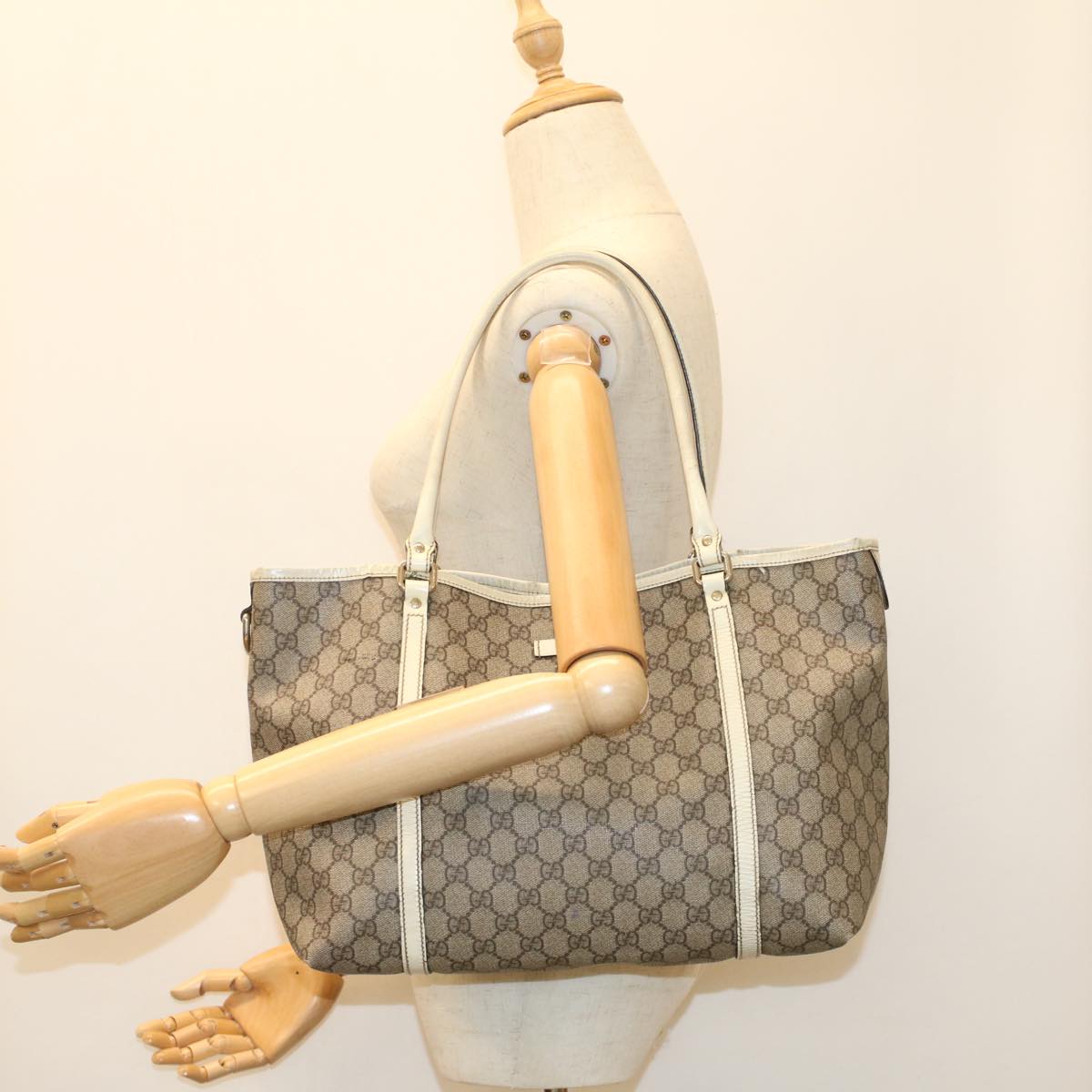 GUCCI GG Canvas Tote Bag PVC Leather Beige White 197953 fm2653