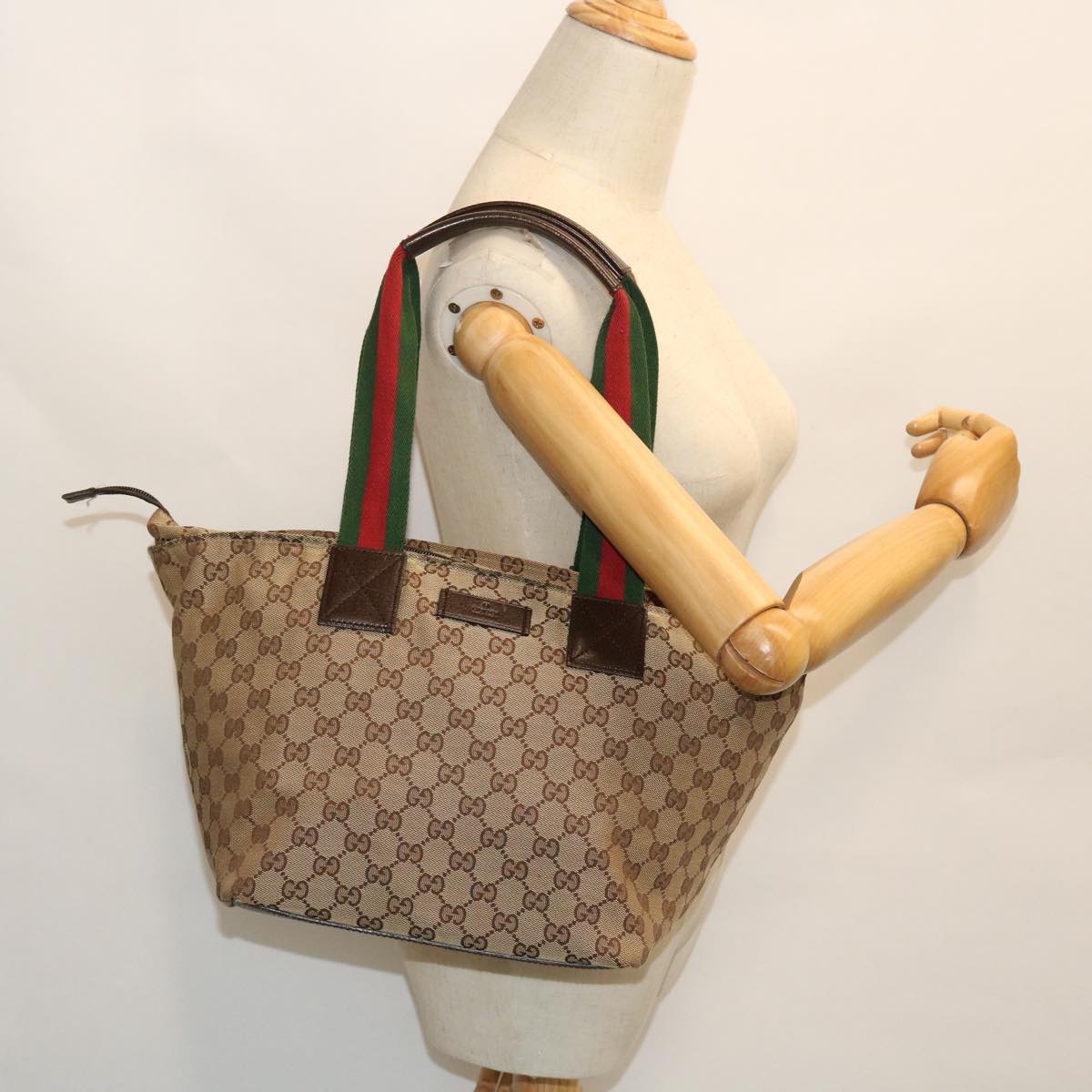 GUCCI GG Canvas Web Sherry Line Tote Bag Beige Green Red 131230 fm2735