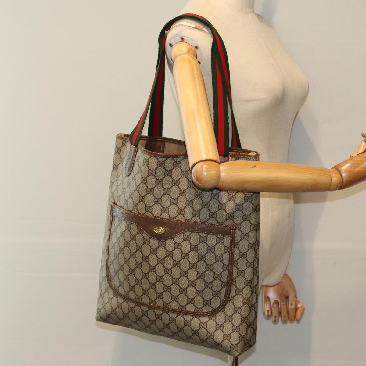 GUCCI GG Supreme Web Sherry Line Tote Bag PVC Beige Red 37 02 2140 fm3507