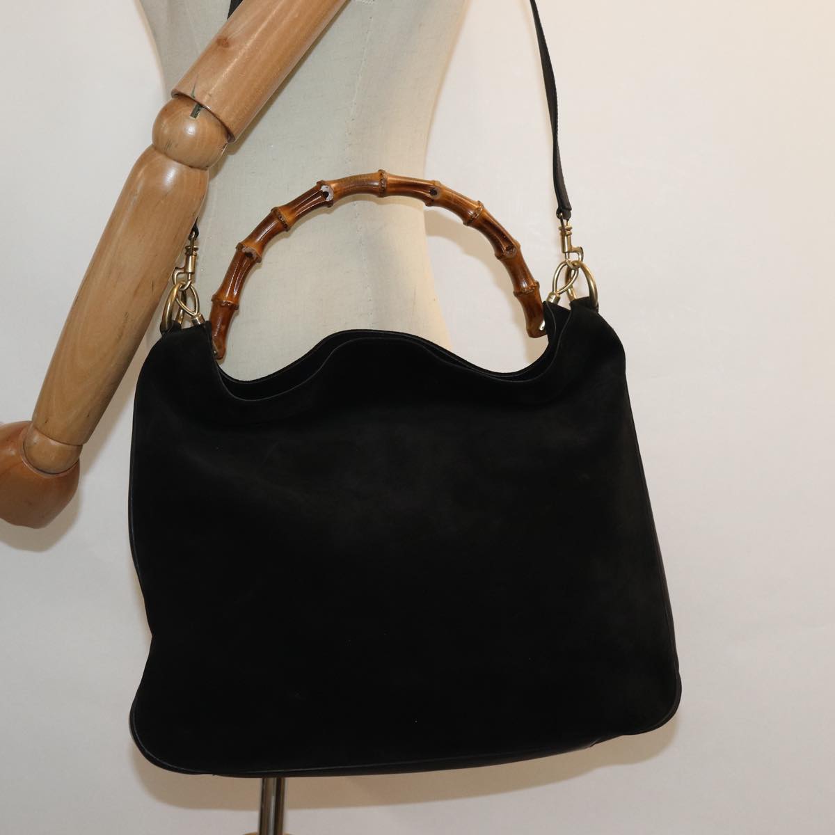 GUCCI Bamboo Shoulder Bag Suede 2way Black 001 0166 1577 fm3656