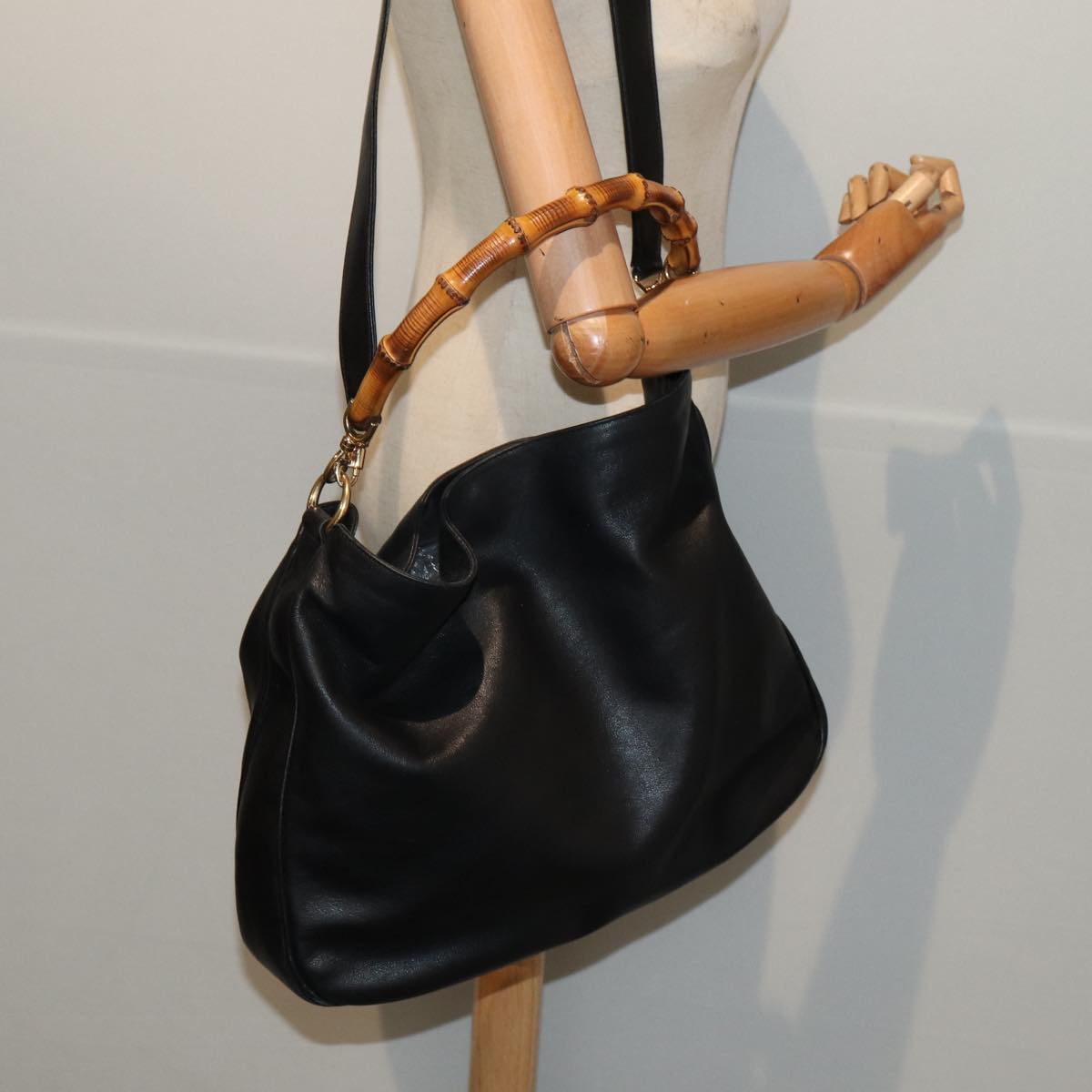 GUCCI Bamboo Shoulder Bag Leather 2way Black Gold 001 1577 200047 fm3713