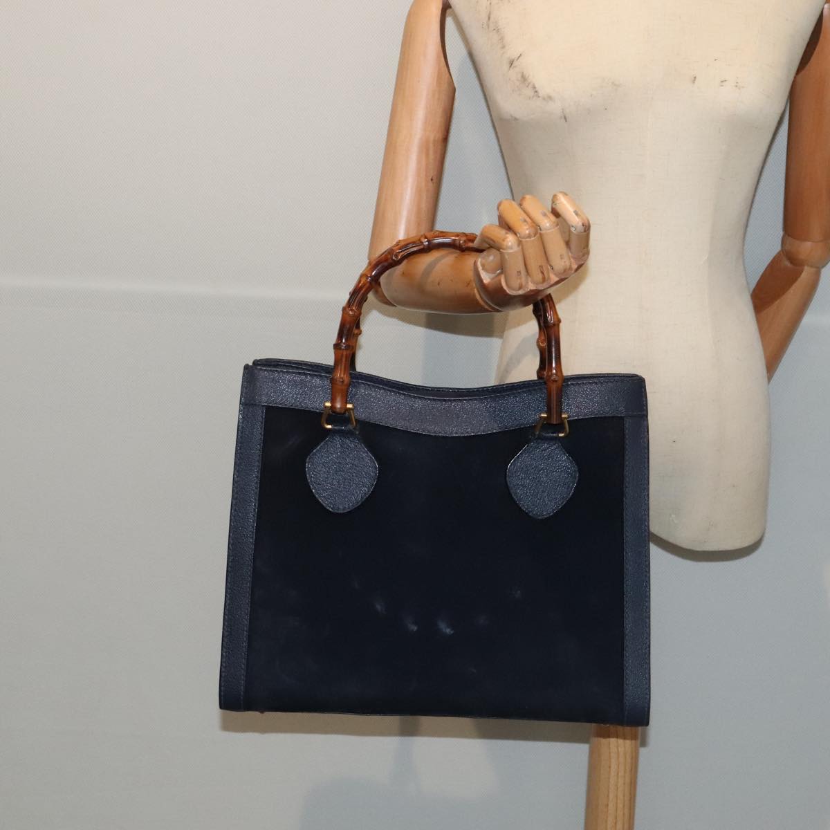 GUCCI Bamboo Hand Bag Suede Leather Navy Gold 002 123 0260 fm3740