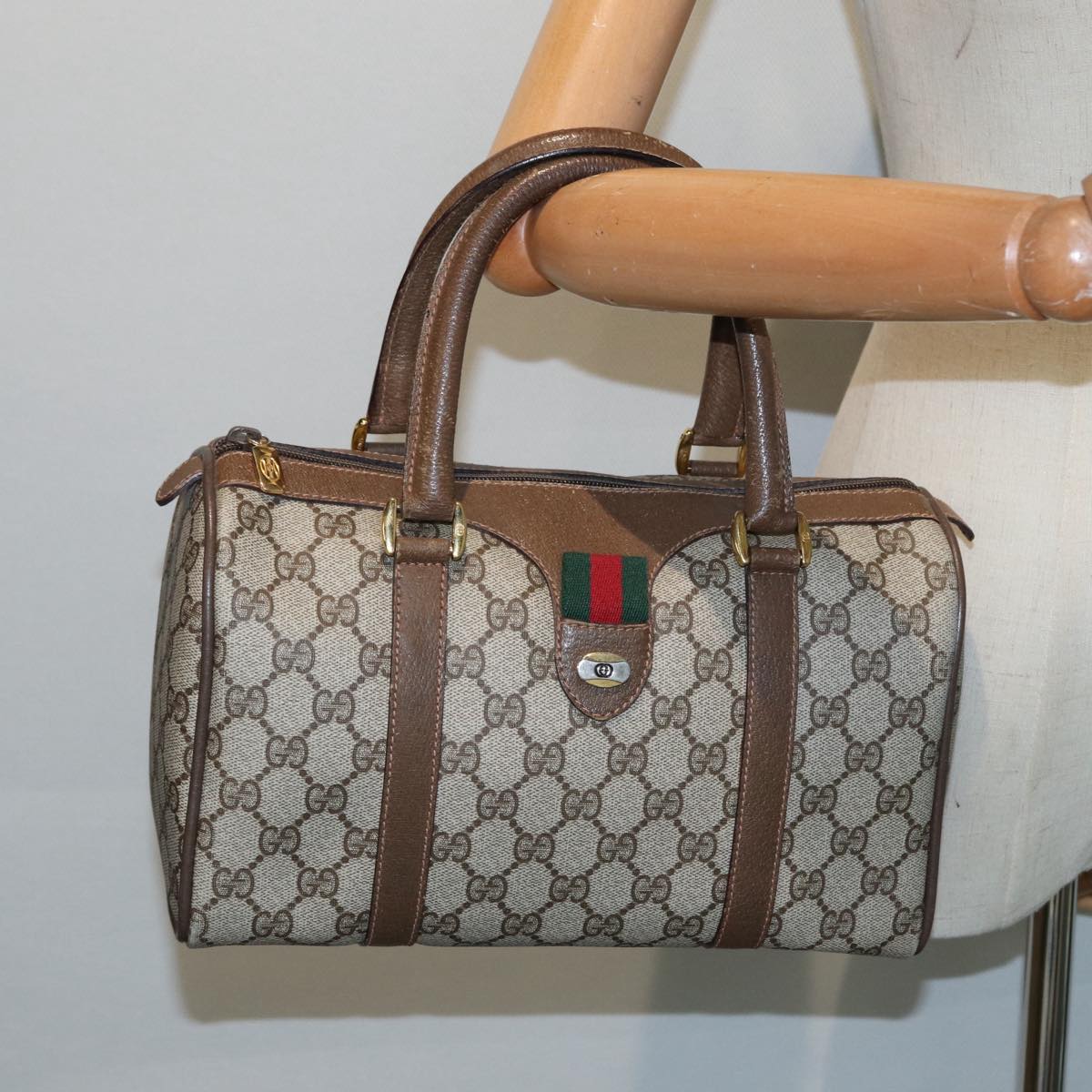 GUCCI GG Supreme Web Sherry Line Boston Bag PVC Beige Gold 39 02 006 fm3791