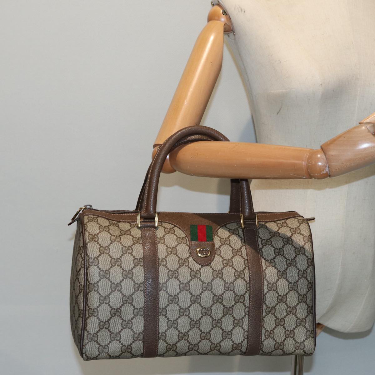 GUCCI GG Supreme Web Sherry Line Boston Bag PVC Beige Gold 40 02 007 fm3792