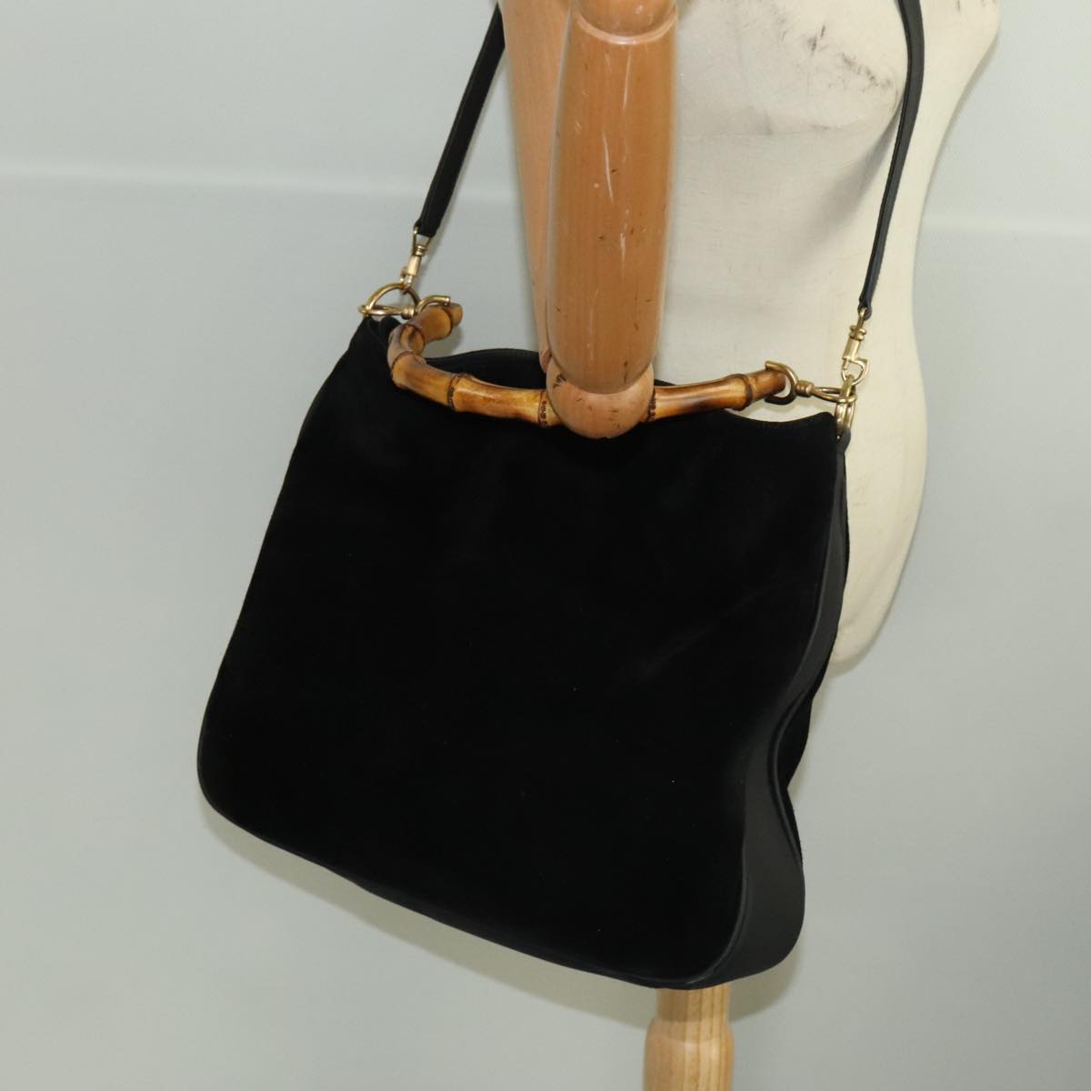 GUCCI Bamboo Hand Bag Suede 2way Black Gold 001 1014 1577 fm4060