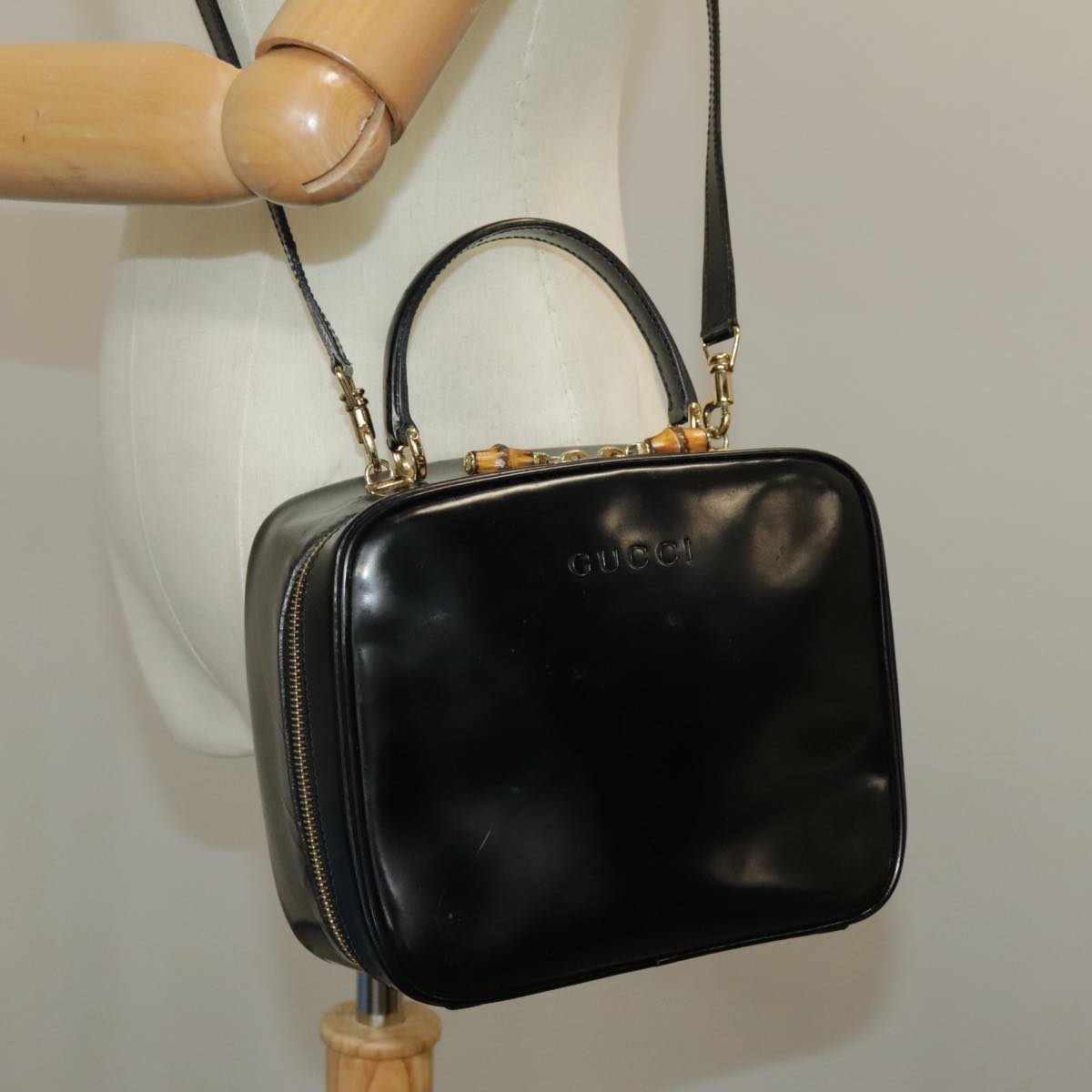 GUCCI Bamboo Hand Bag Patent leather 2way Black Gold 000 270 0323 fm4078