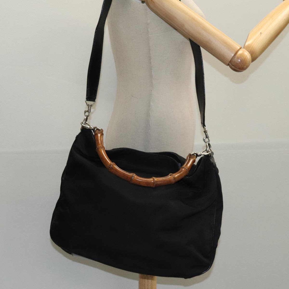 GUCCI Bamboo Hand Bag Nylon 2way Black Silver 001 2404 1577 fm4088