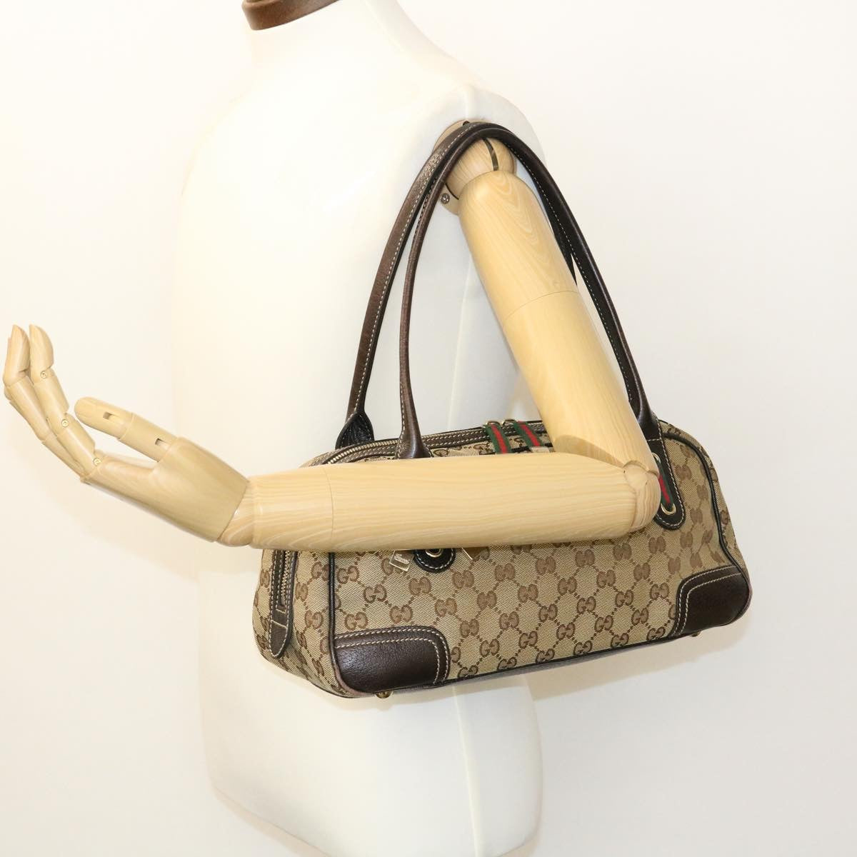 GUCCI GG Canvas Sherry Line Shoulder Bag Brown Red Green am1564g