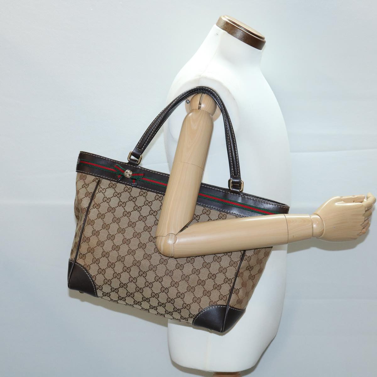 GUCCI Web Sherry Line GG Canvas Tote Bag Beige Green Red am2786g