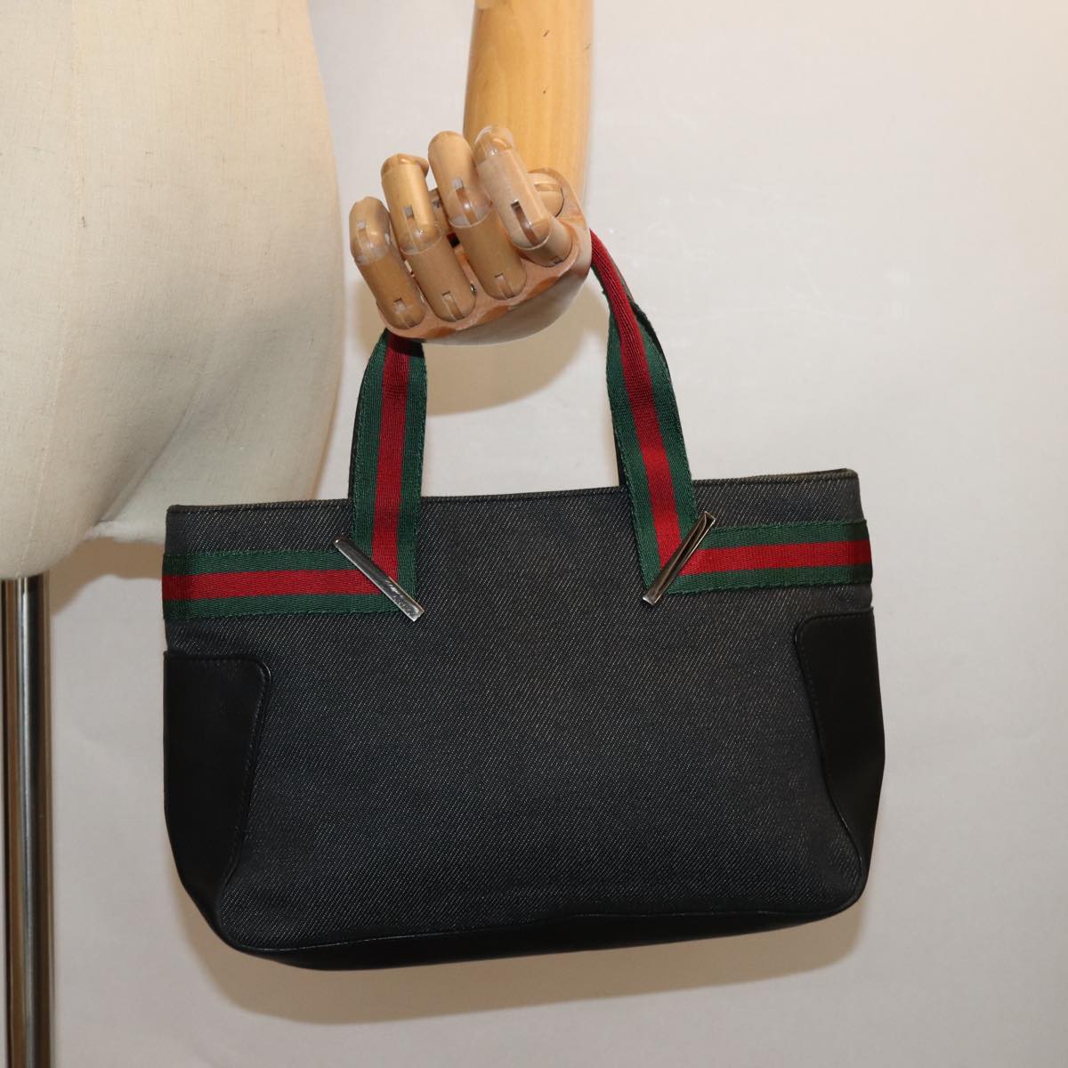 GUCCI Web Sherry Line Hand Bag Canvas Gray Red Green 73984 hk1378