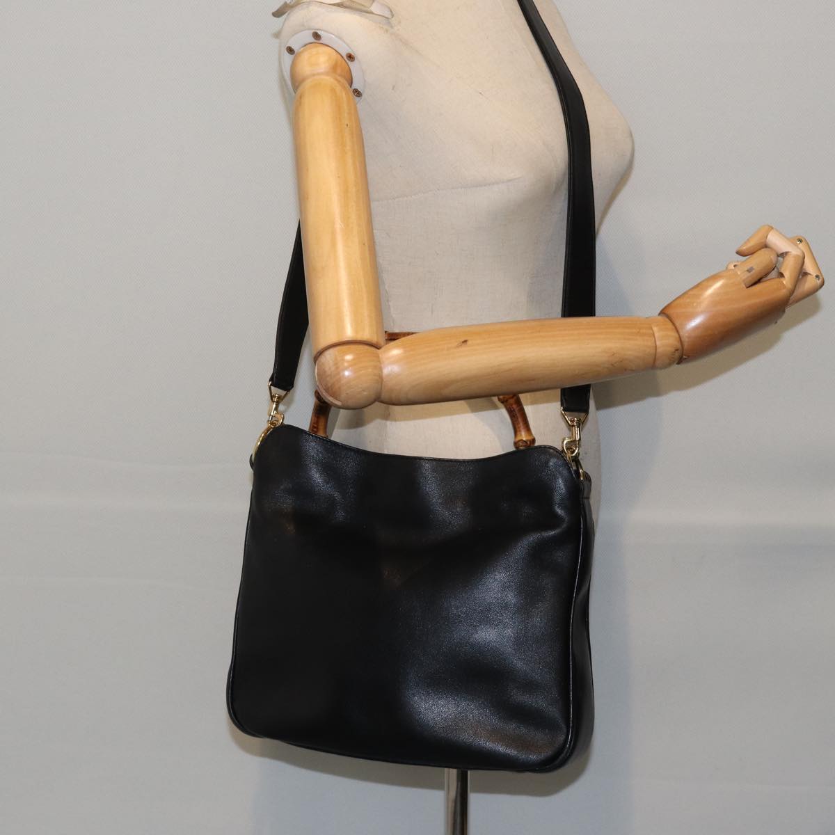 GUCCI Bamboo Hand Bag Leather 2way Black Gold 001 1638 200047 hk1606