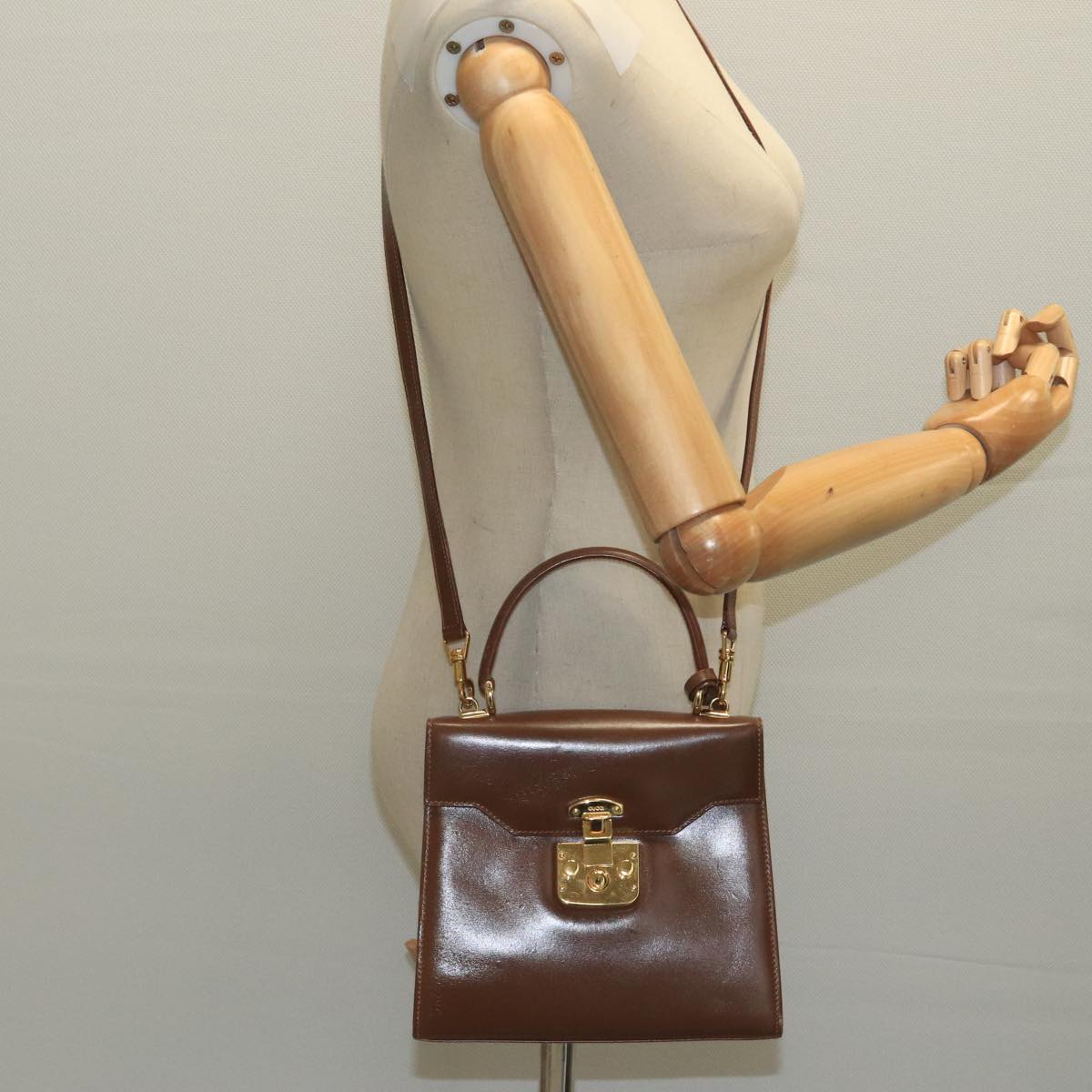 GUCCI Ready Lock Hand Bag Leather 2way Brown Gold hk1714