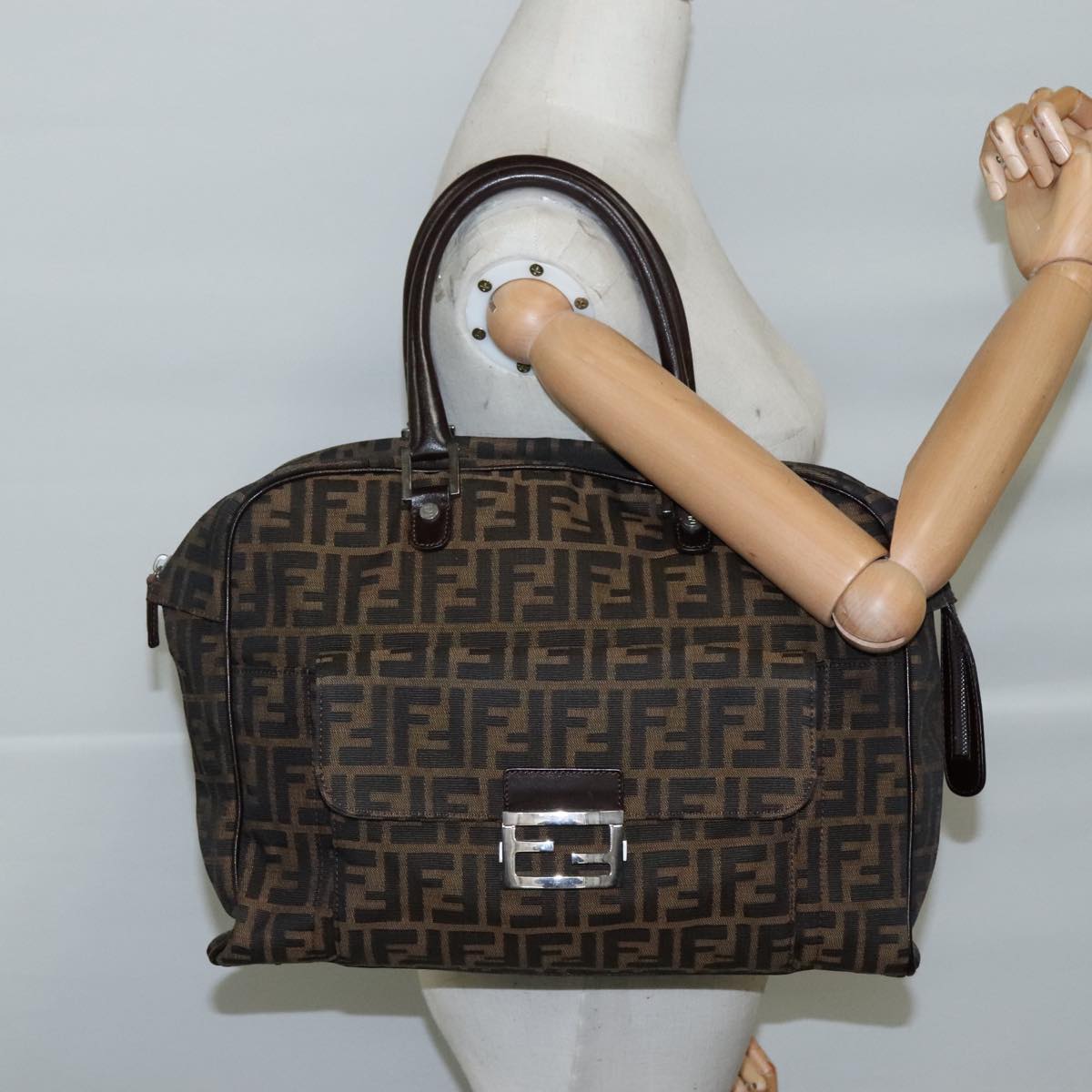 FENDI Zucca Canvas Hand Bag Brown Black hk1925