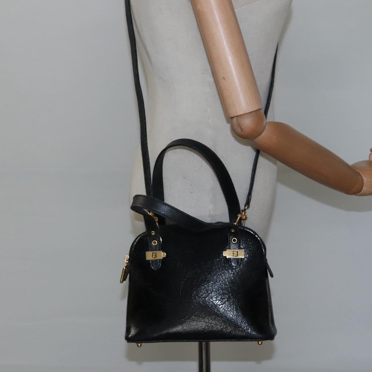 FENDI Hand Bag Leather 2way Black Gold hk1976