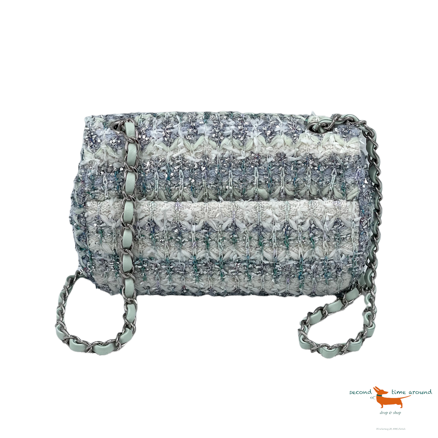 Chanel Classic Flap Single Quilted and Ribbon Mini Blue Green Silver Tweed Cross Body Bag