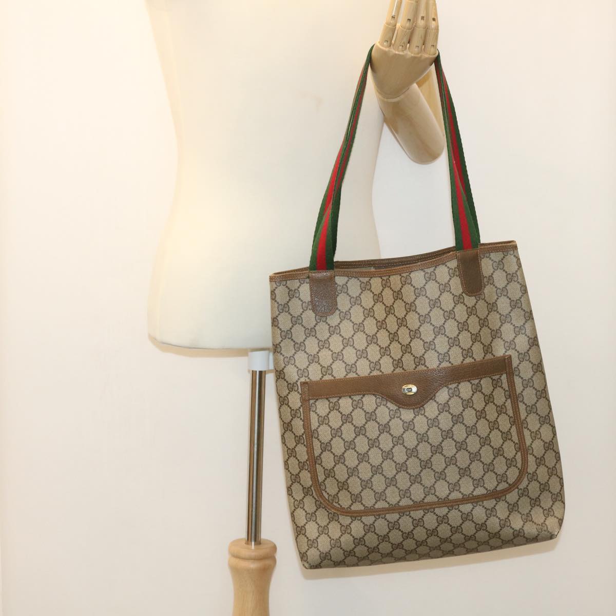 GUCCI Web Sherry Line GG Canvas Tote Bag PVC Leather Beige Green Red jk3040