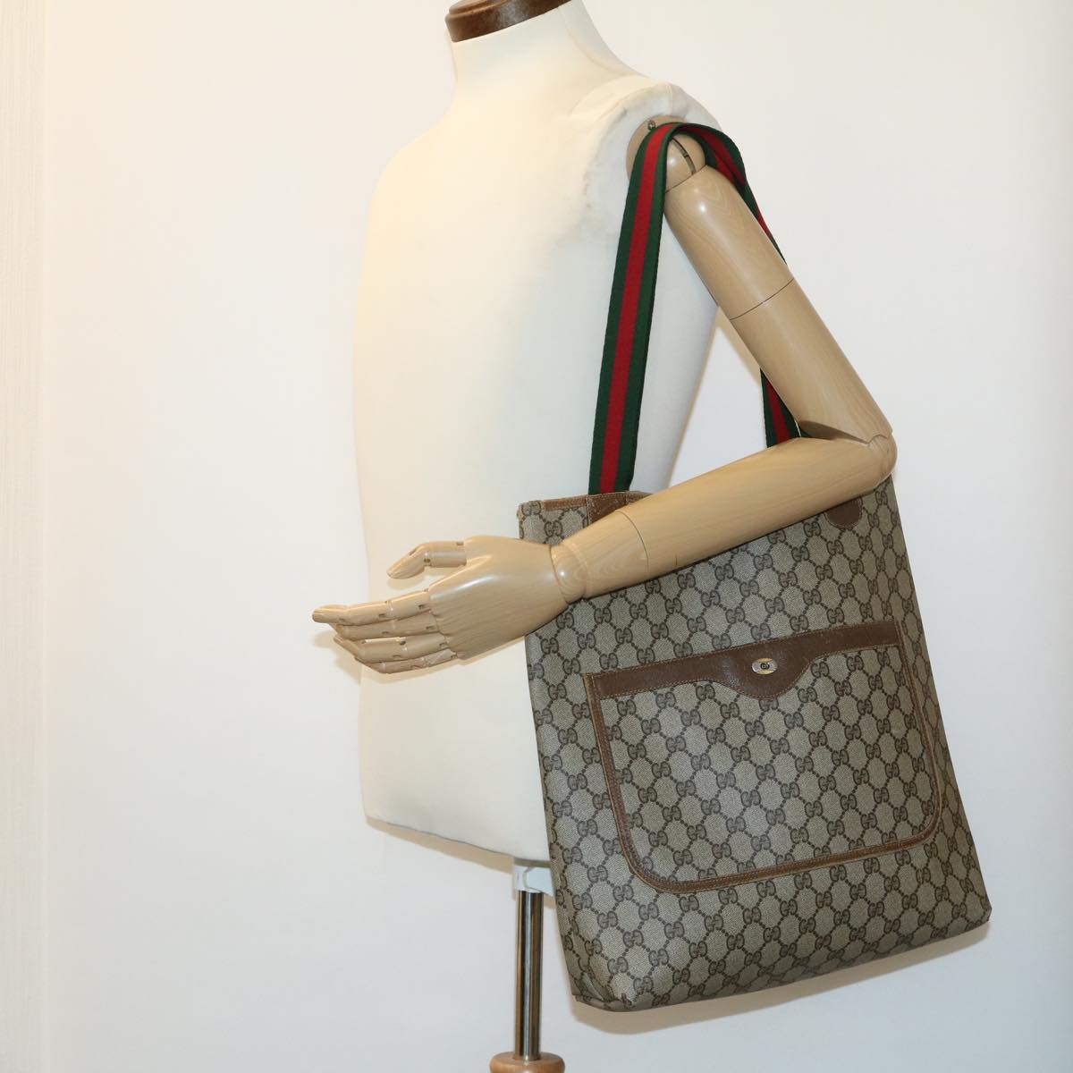 GUCCI Web Sherry Line GG Canvas Tote Bag Red Green Brown ki1846