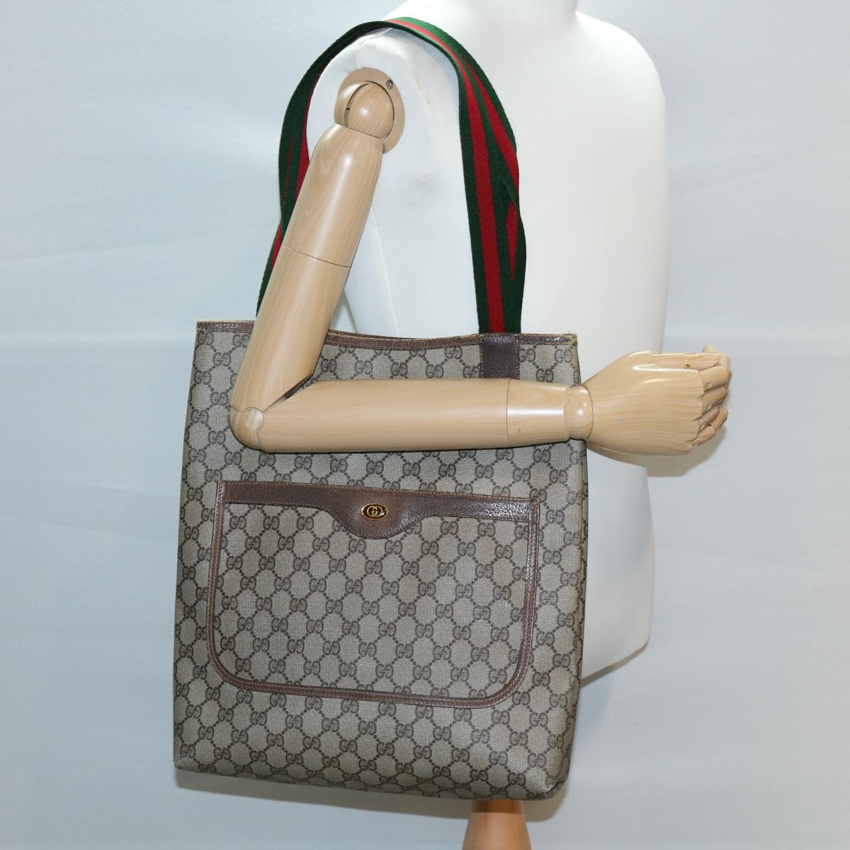 GUCCI Web Sherry Line GG Canvas Tote Bag PVC Leather Beige Green Red ki2105