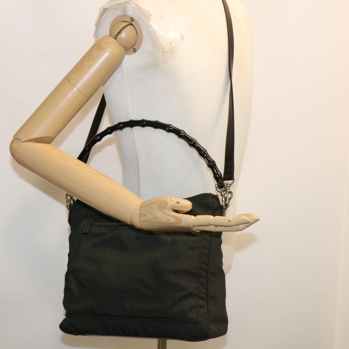 GUCCI Bamboo Shoulder Bag Nylon 2way Khaki 00005092122 ki2191