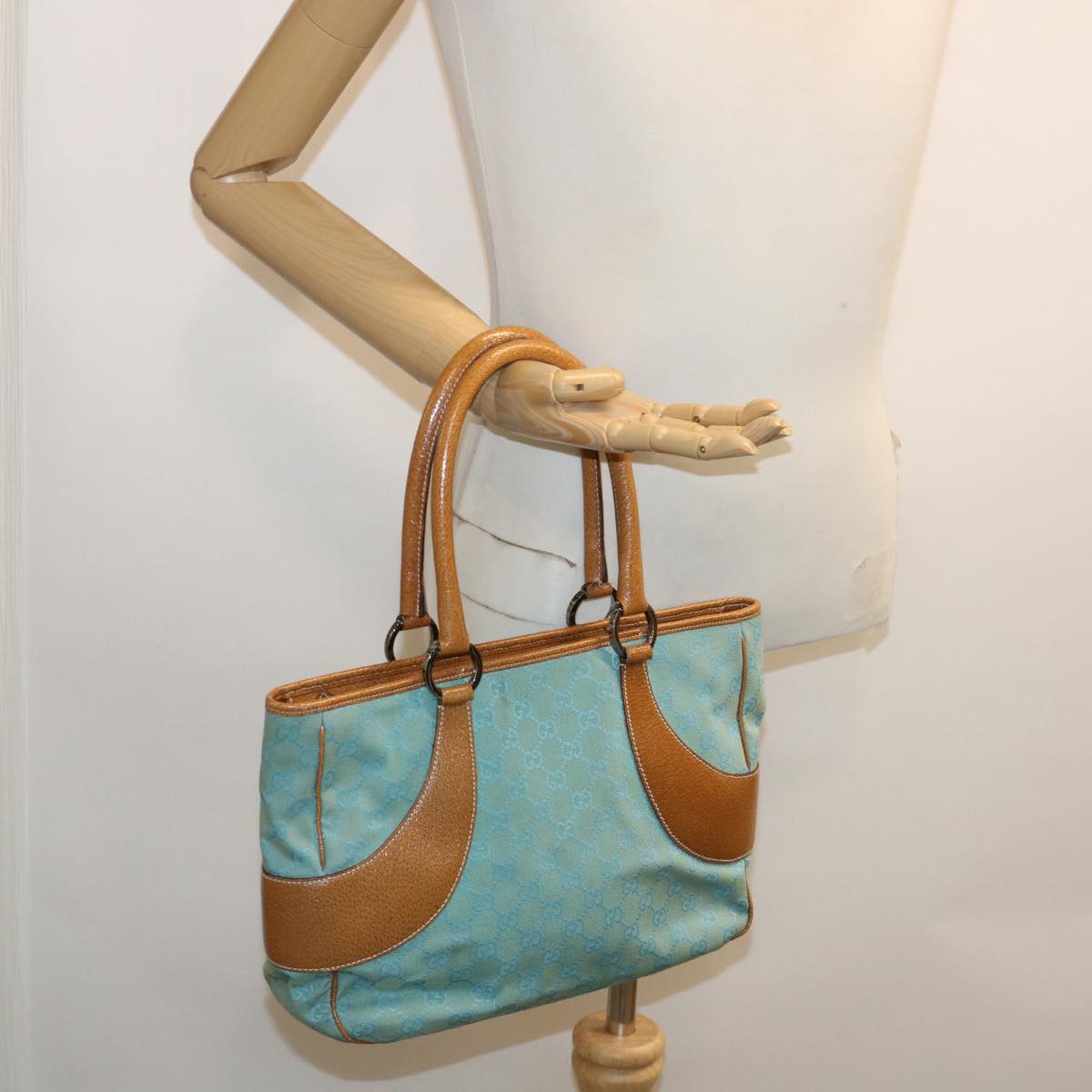 GUCCI GG Canvas Tote Bag Light Blue Brown 113011 ki2206