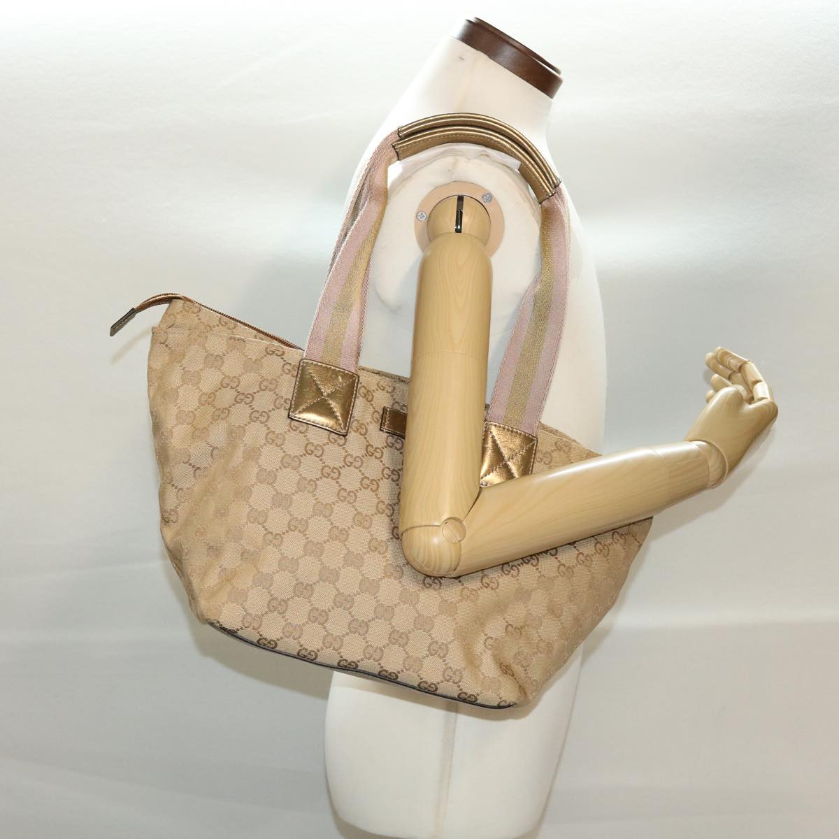 GUCCI GG Canvas Sherry Line Tote Bag Gold Pink 131230 ki2872