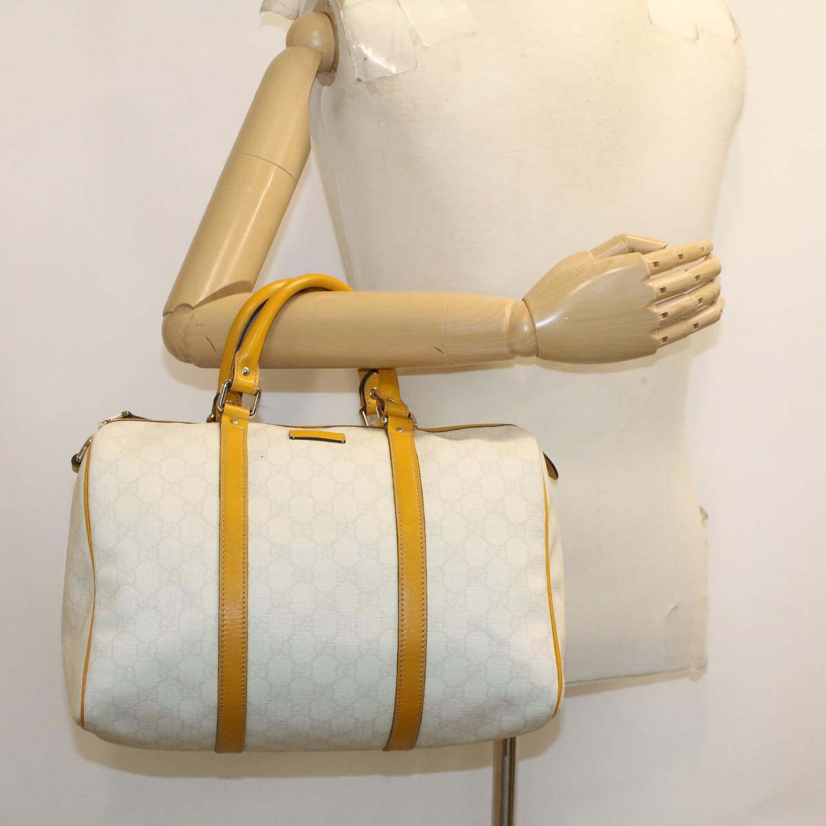 GUCCI GG Canvas Boston Bag PVC Leather White Yellow 193603 ki2920