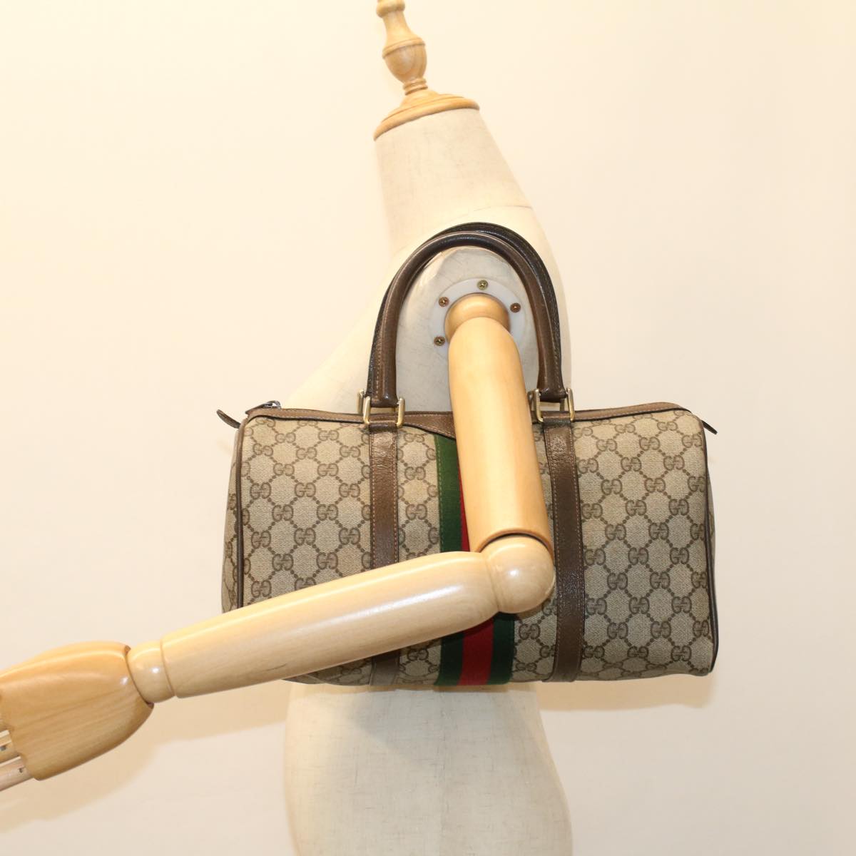 GUCCI GG Canvas Web Sherry Line Boston Bag PVC Leather Beige Green ki3376