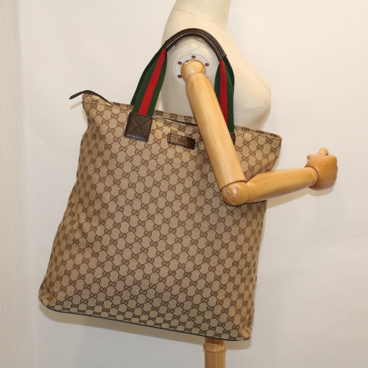 GUCCI GG Canvas Web Sherry Line Tote Bag Beige Red Green 131233 ki3422