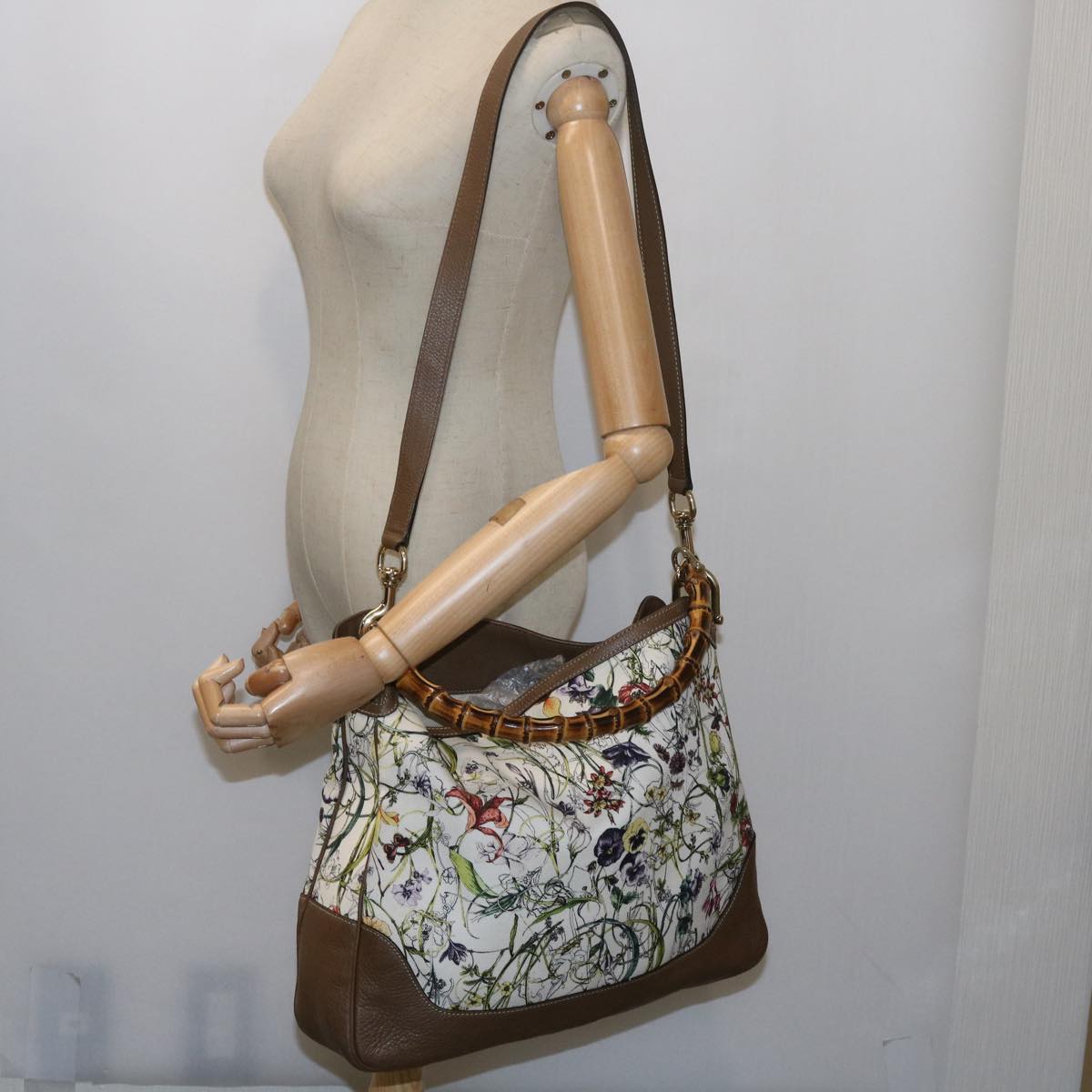 GUCCI Bamboo Flora Shoulder Bag Canvas 2way White Brown 282315 ki3900
