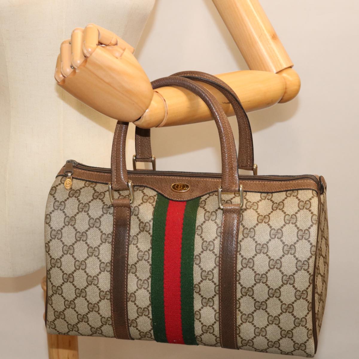 GUCCI GG Supreme Web Sherry Line Boston Bag PVC Beige Red 40 02 007 ki4347
