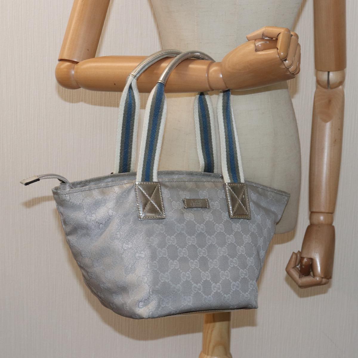 GUCCI GG Canvas Sherry Line Tote Bag Silver Gray 131228 ki4597