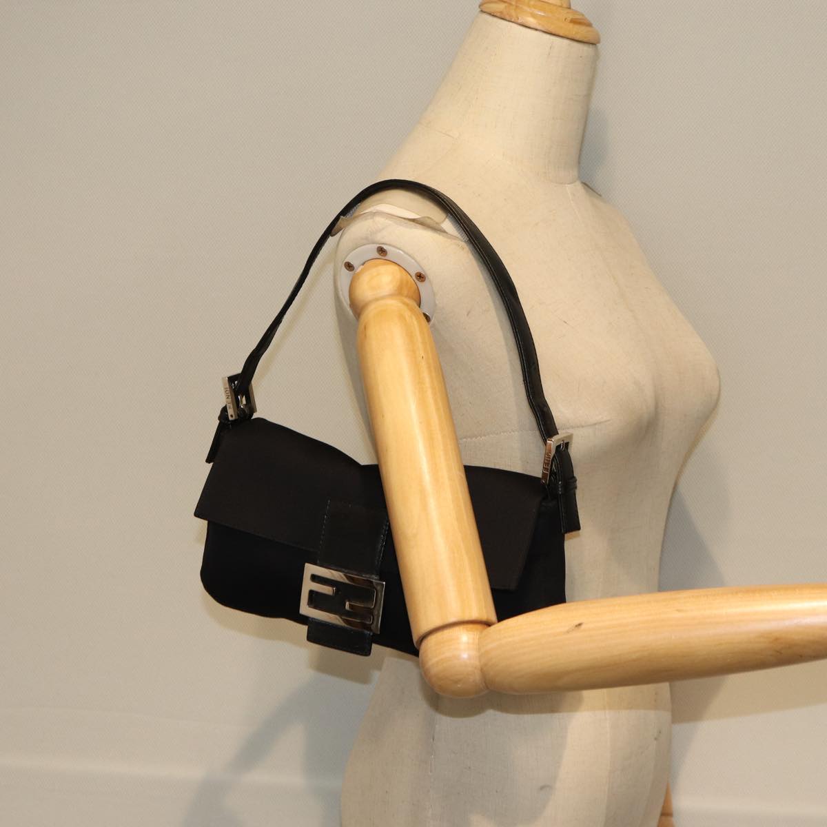 FENDI Mamma Baguette Shoulder Bag Nylon Black Silver ki4707
