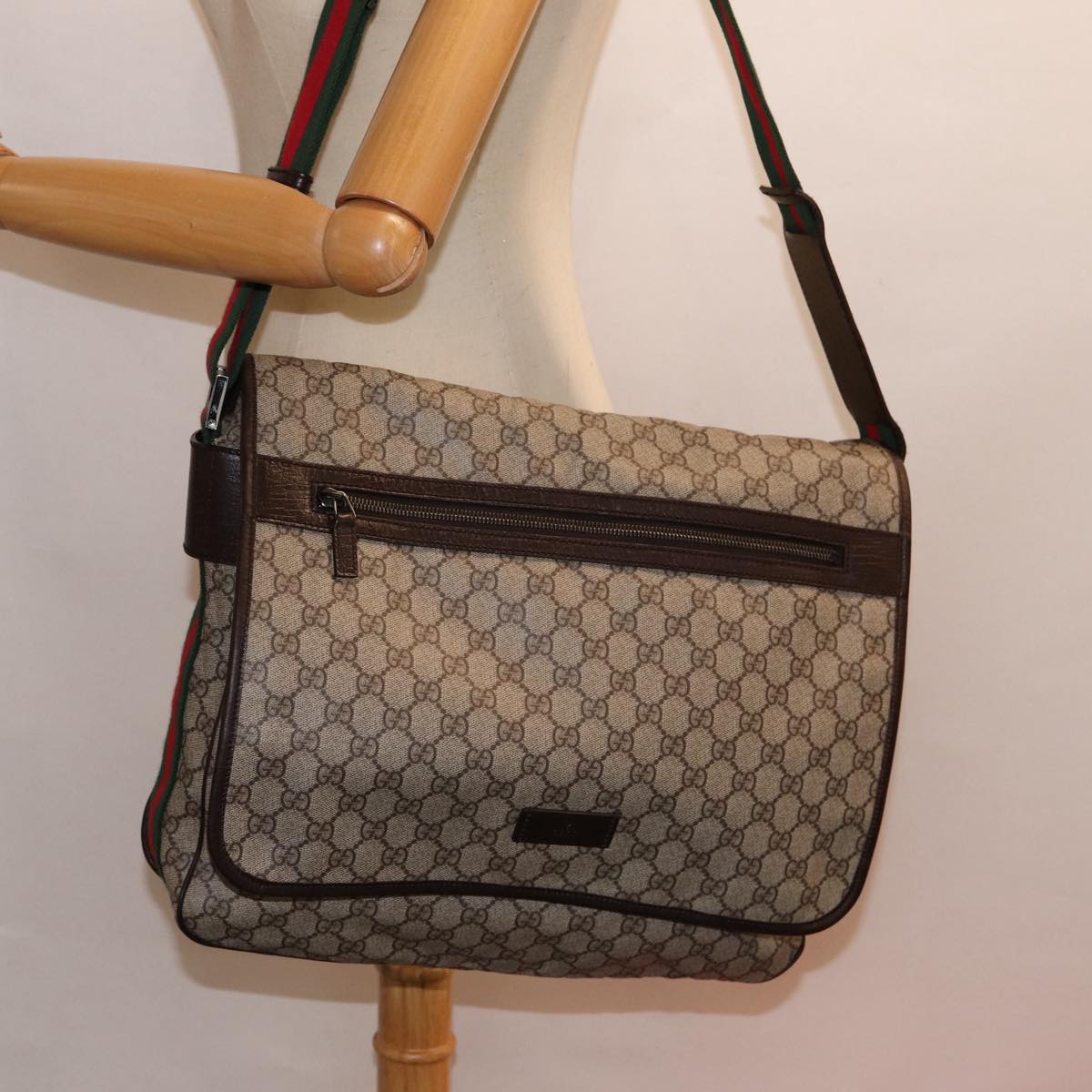 GUCCI GG Supreme Web Sherry Line Shoulder Bag PVC Beige Silver ki4747