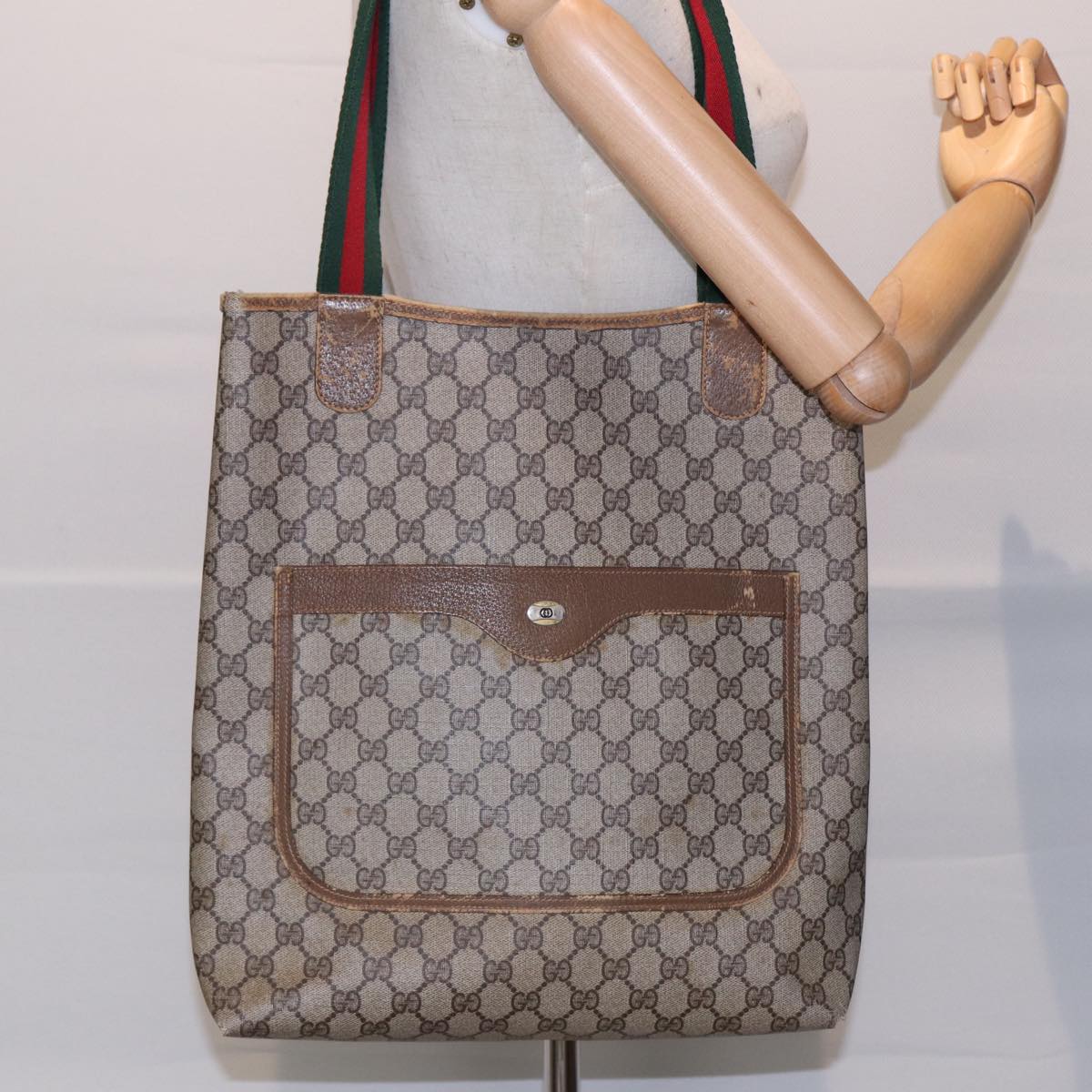 GUCCI GG Supreme Web Sherry Line Tote Bag PVC Beige Red 40 02 003 ki4755