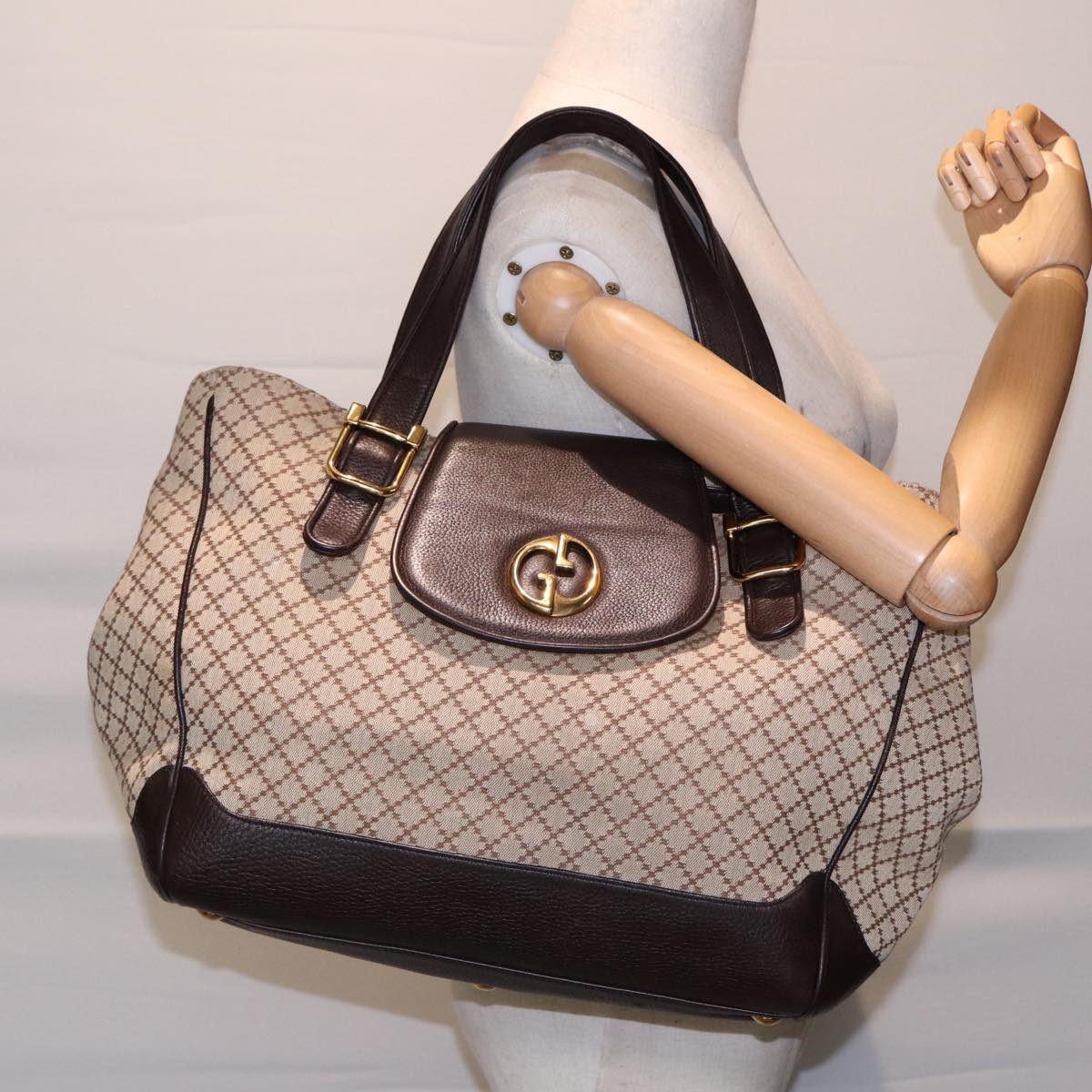GUCCI Diamante Hand Bag Canvas Beige Gold 251826 ki4830