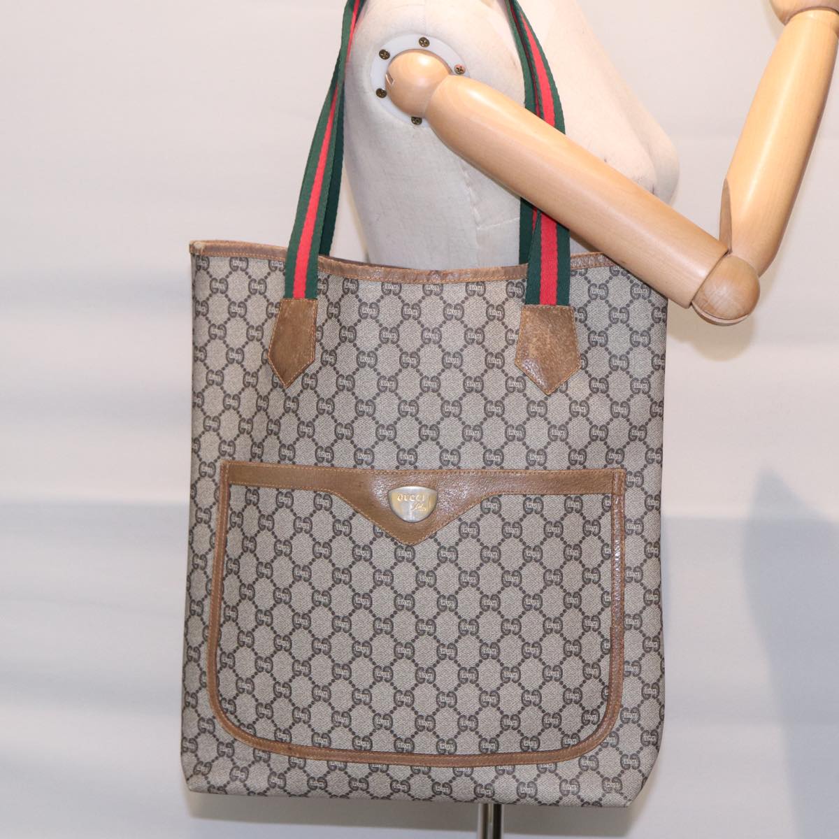 GUCCI GG Plus Supreme Web Sherry Line Tote Bag PVC Beige Gold Red ki4840