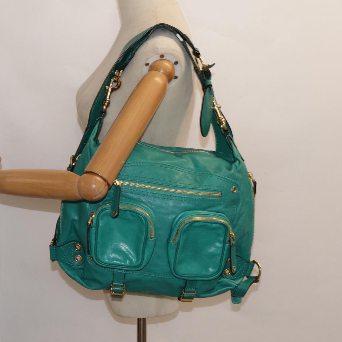 GUCCI Backpack Leather Green Gold ki4889