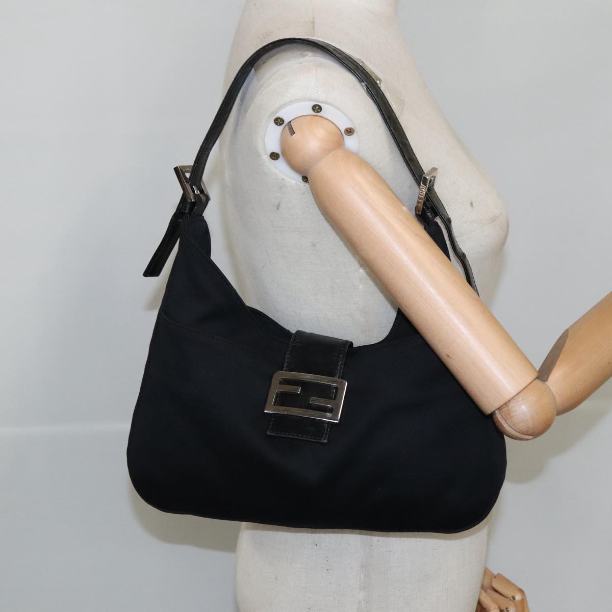 FENDI Mamma Baguette Shoulder Bag Nylon Black Silver ki5124