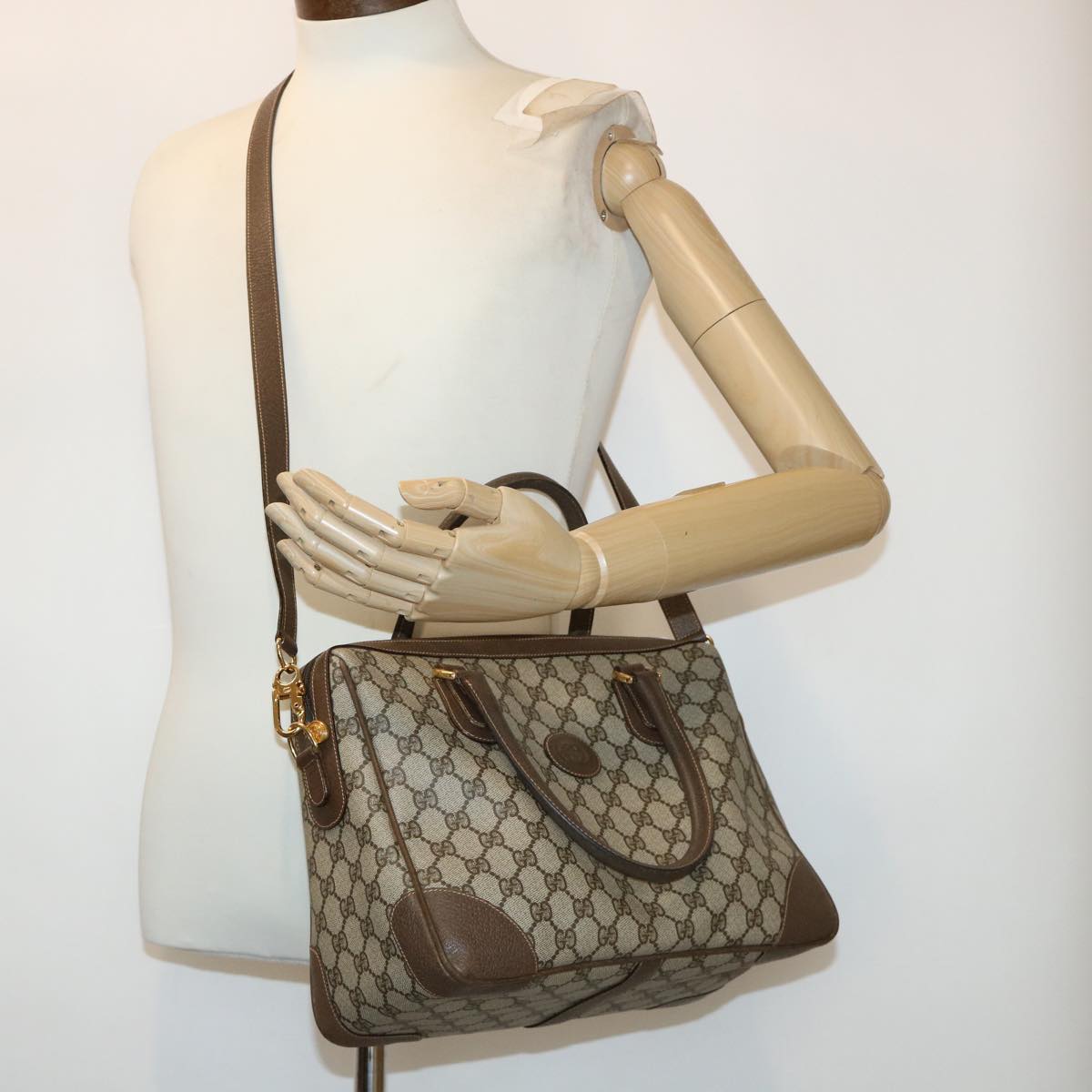 GUCCI GG Canvas Boston Bag PVC Leather 2way Beige kk179