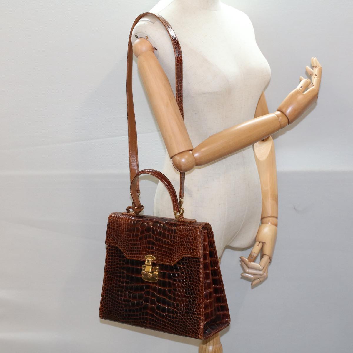GUCCI Hand Bag Crocodile 2way Brown kk194