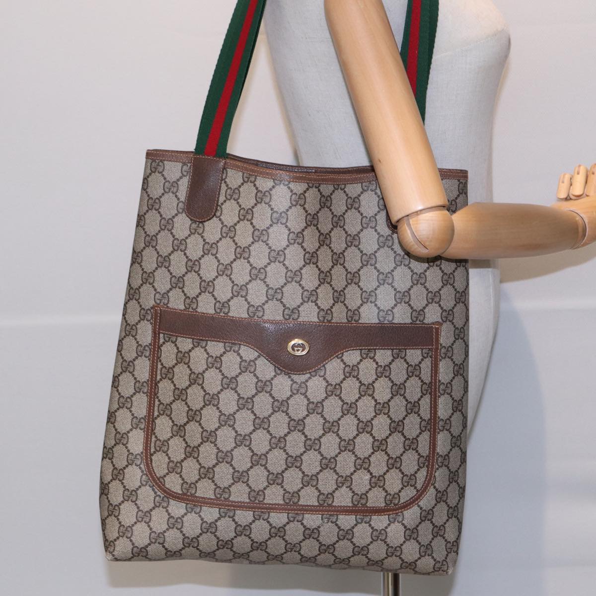 GUCCI GG Canvas Web Sherry Line Tote Bag PVC Leather Beige Green Red kk273