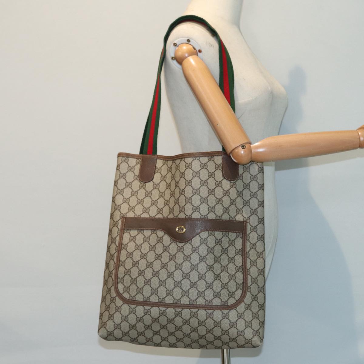 GUCCI GG Canvas Web Sherry Line Tote Bag PVC Leather Beige Green Red kk301