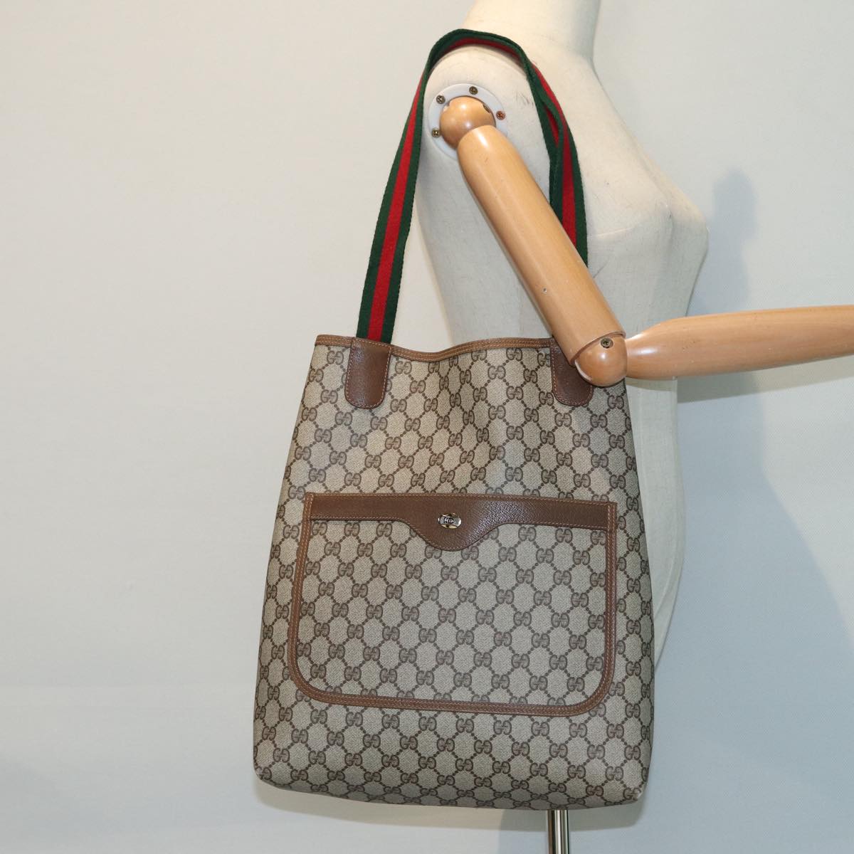 GUCCI GG Canvas Web Sherry Line Tote Bag PVC Leather Beige Green Red kk302