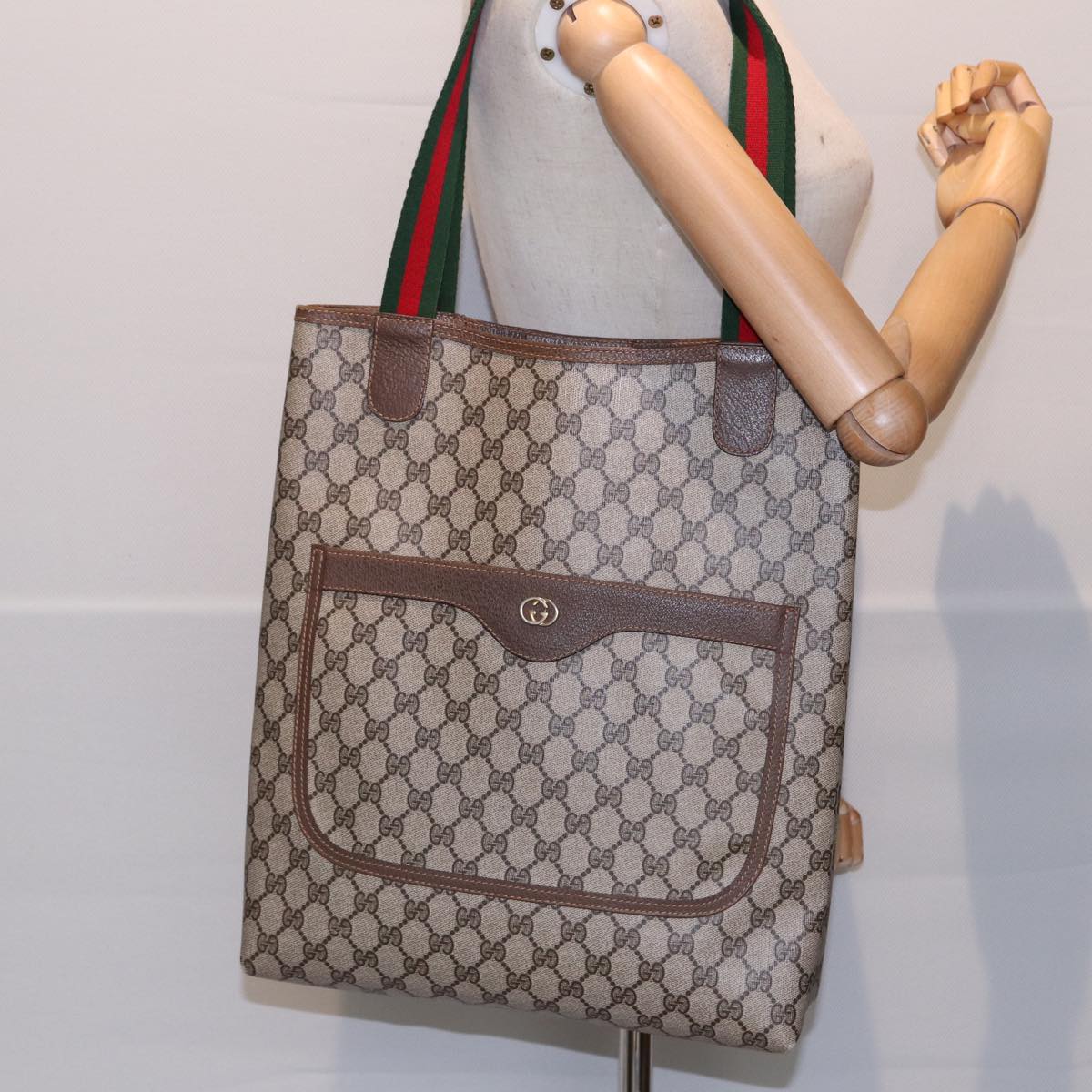GUCCI GG Canvas Web Sherry Line Tote Bag PVC Leather Beige Green Red kk306