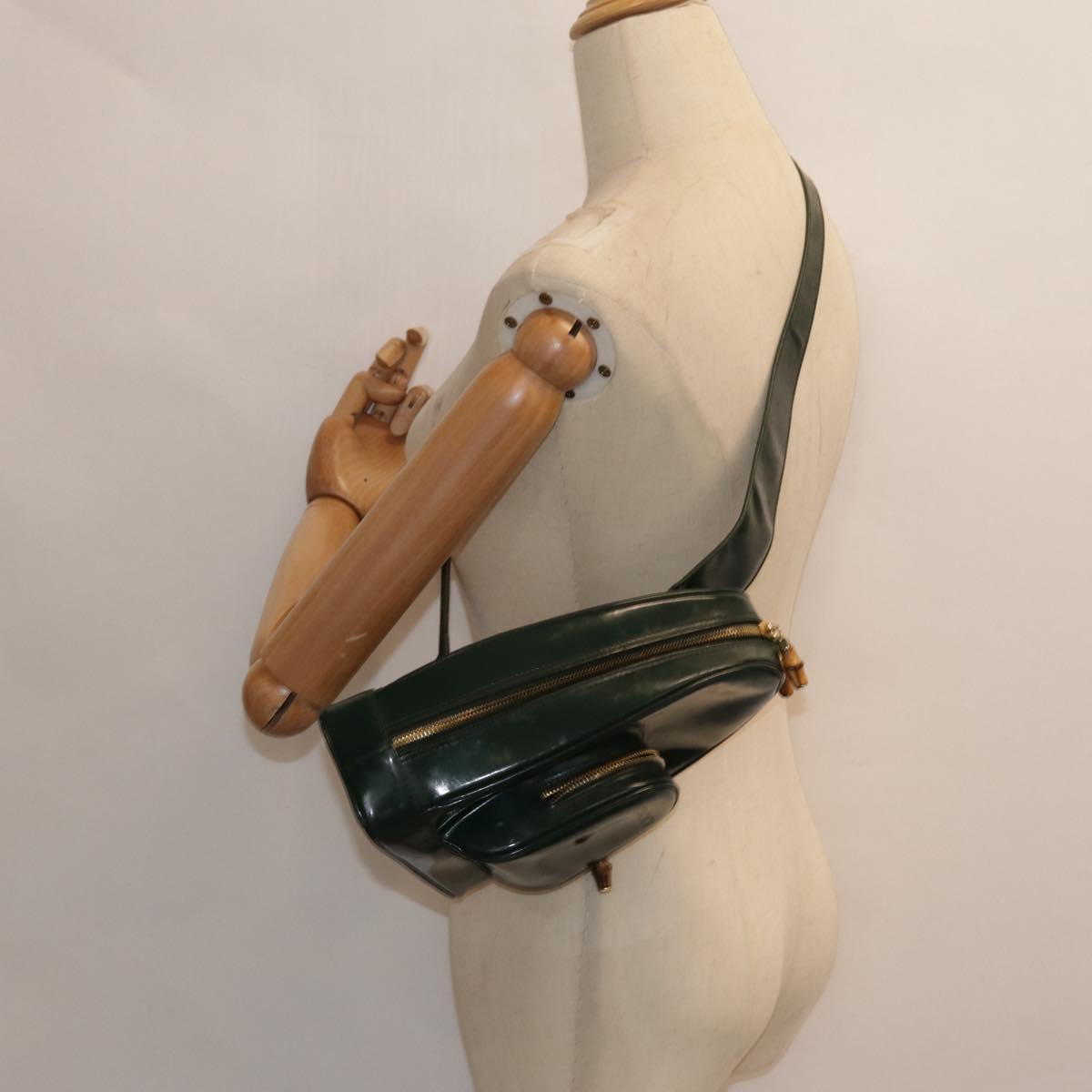 GUCCI Bamboo Body Bag Patent leather Green Gold 003 3444 0127 kk308