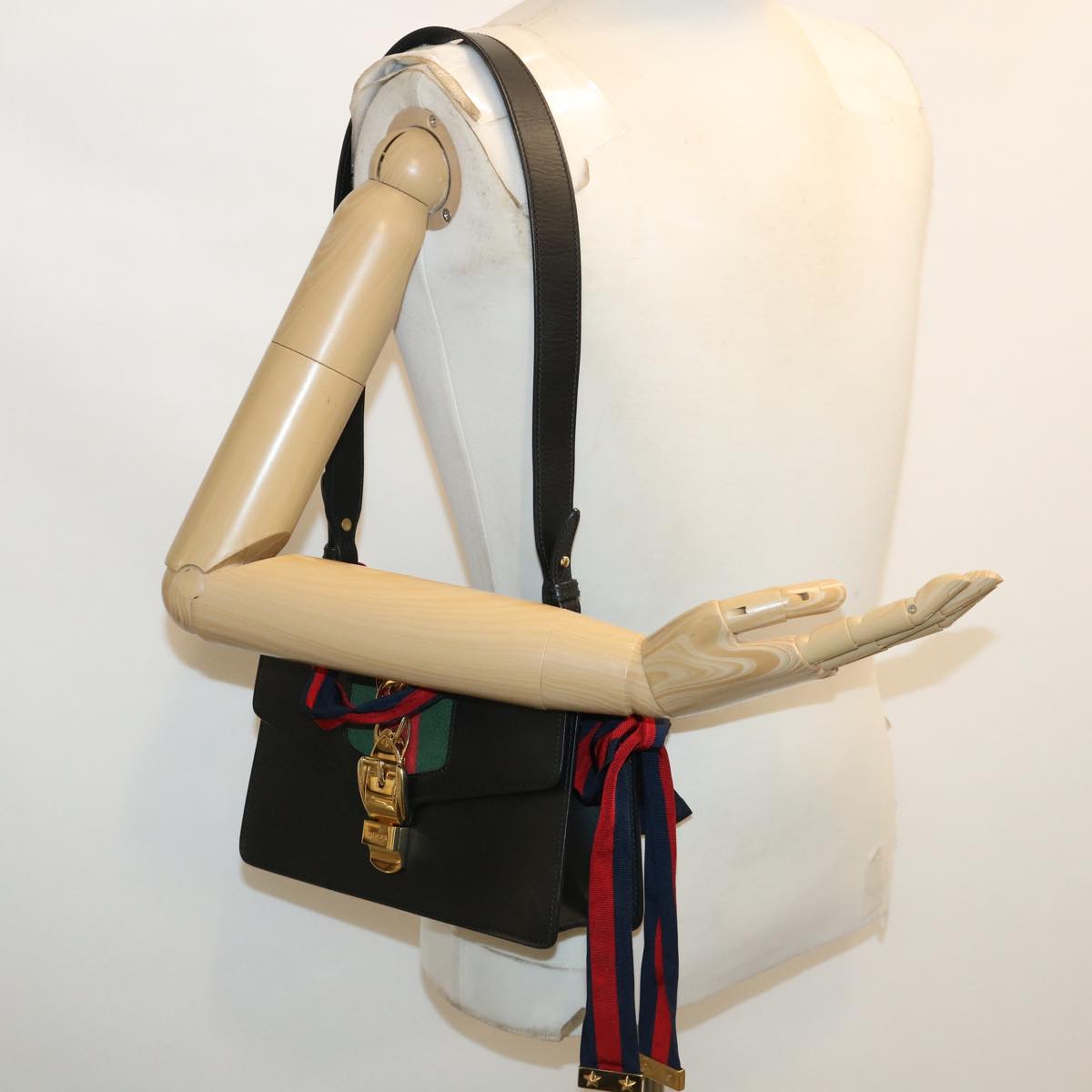 GUCCI Web Sherry Line Silvi Shoulder Bag Leather Black Green 421882 lt690