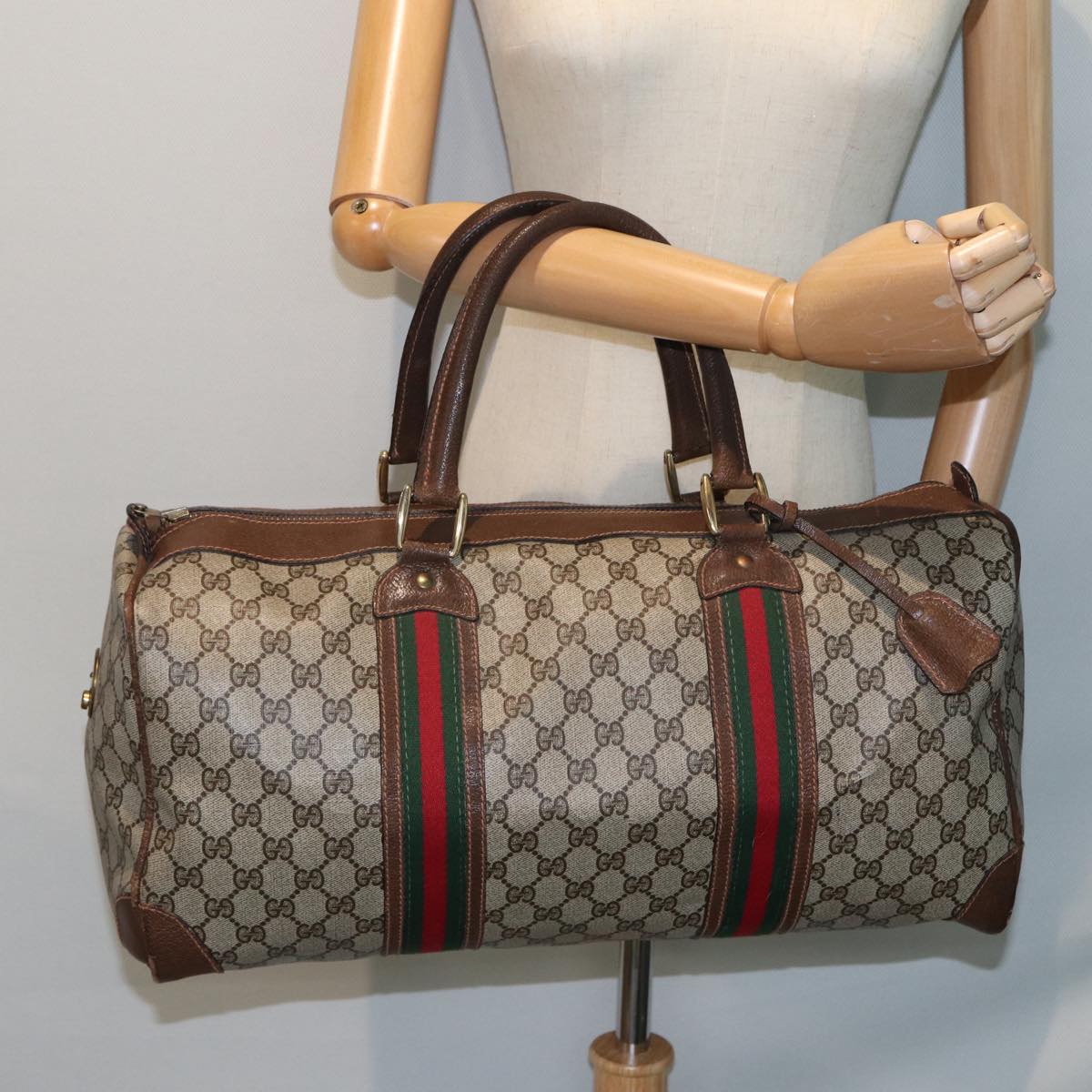 GUCCI GG Supreme Web Sherry Line Boston Bag PVC Leather Beige Red mr334