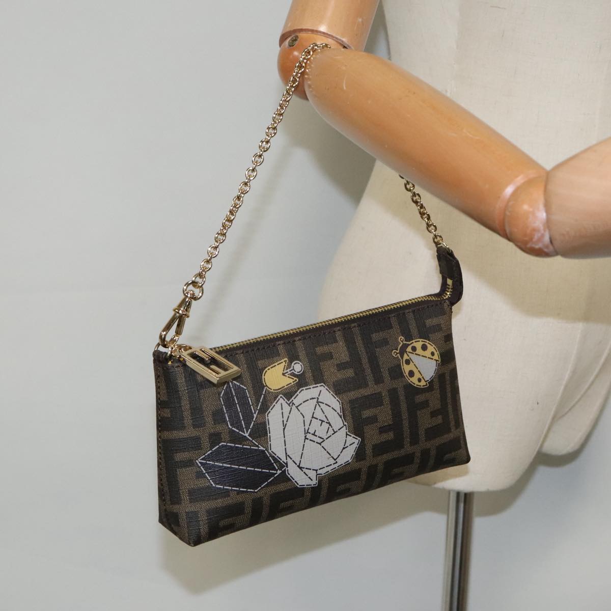 FENDI Zucca Canvas Chain Ladybug Accessory Pouch Brown Black mr567A