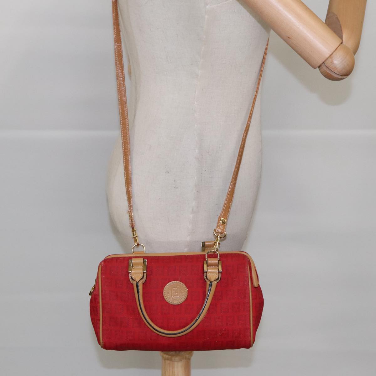 FENDI Zucchino Canvas Hand Bag 2way Red Brown Gold mr568